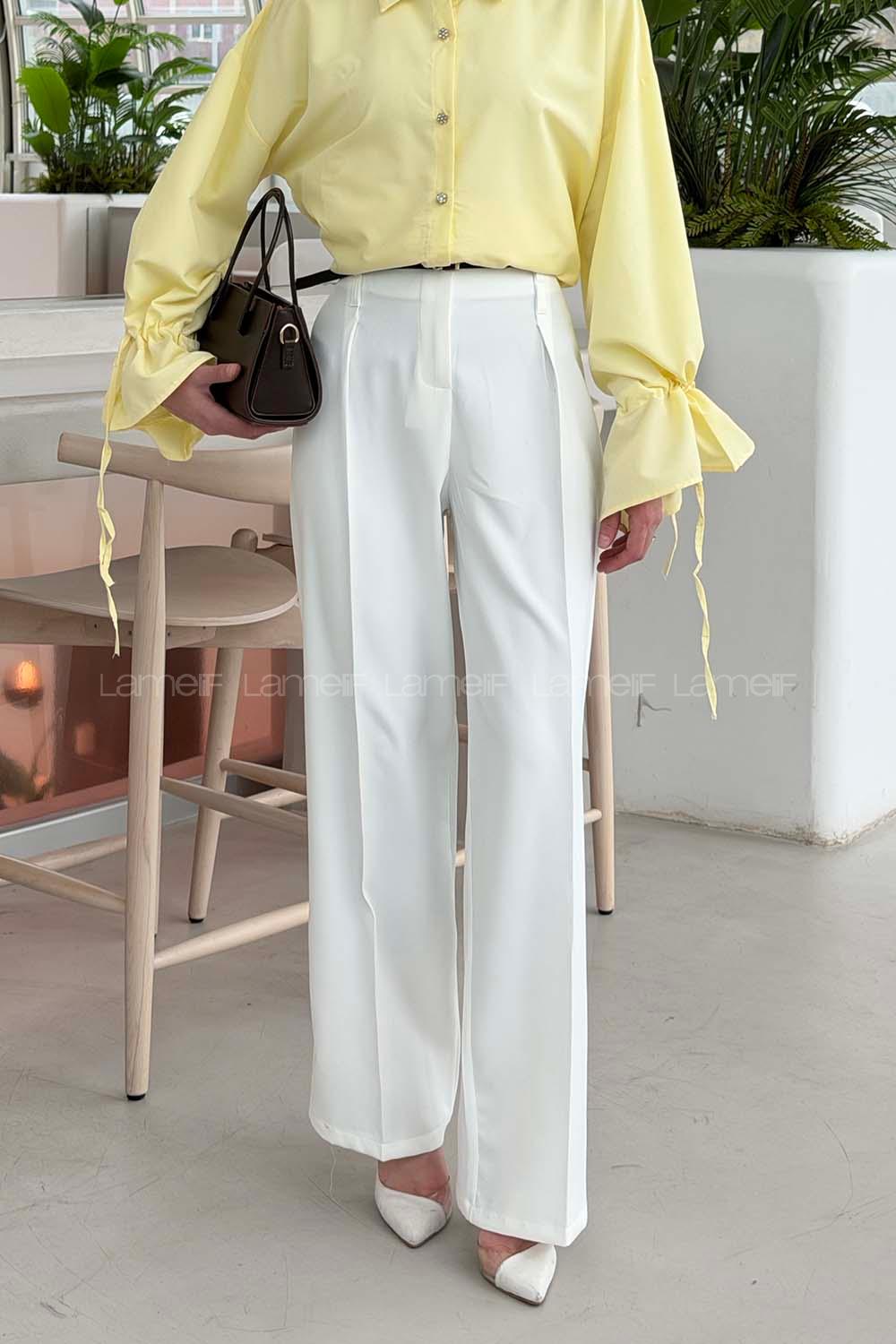 Lamelif Çift Kemer Detaylı Pantolon Beyaz