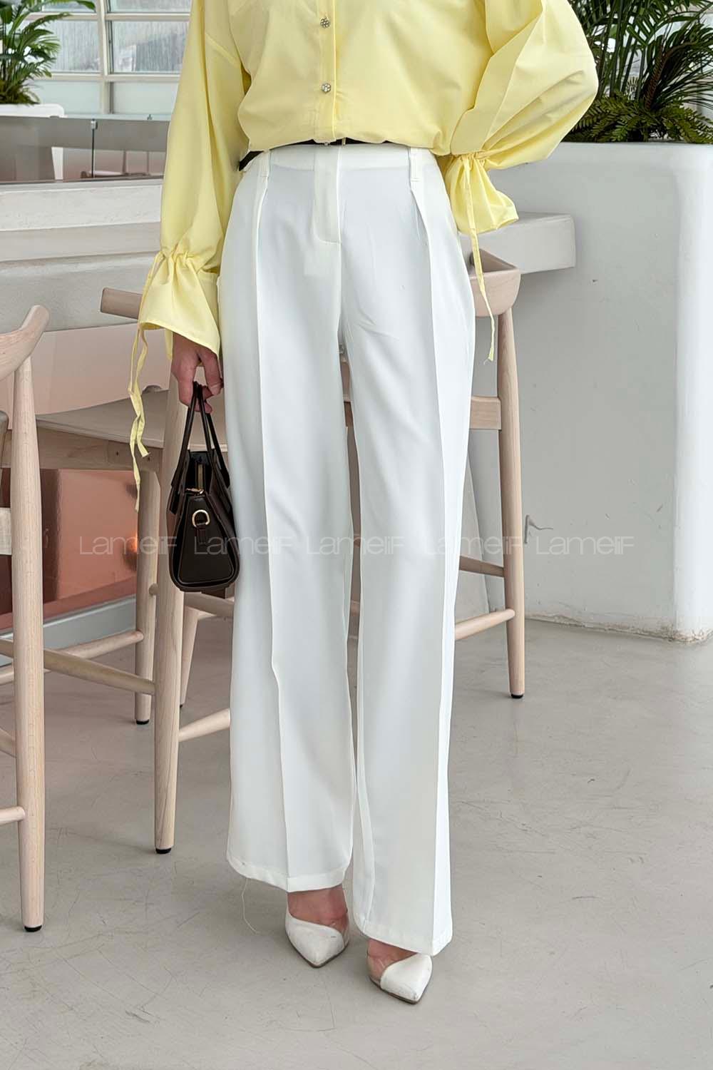 Lamelif Çift Kemer Detaylı Pantolon Beyaz