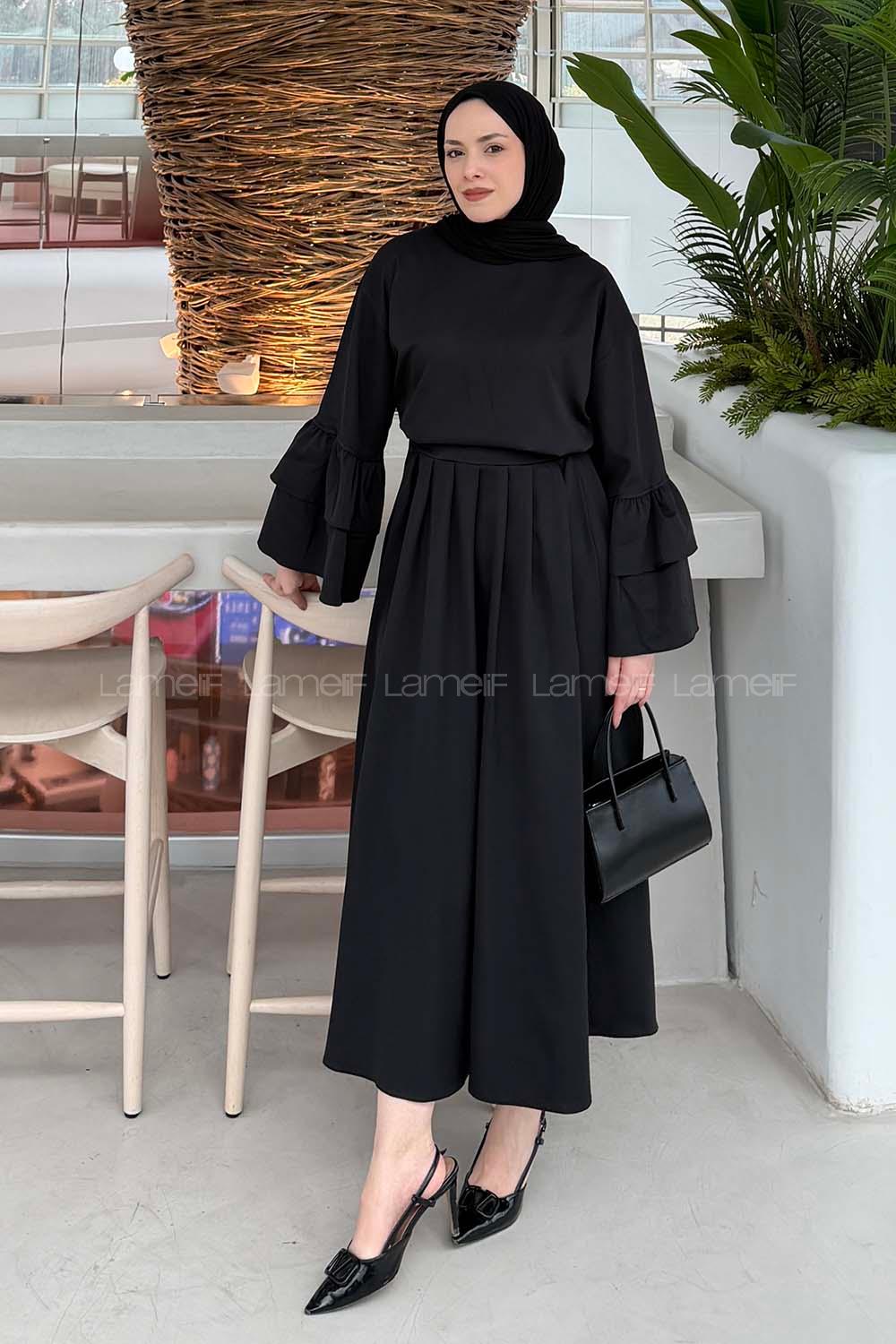 Lamelif Fular Yakalı Takım Siyah