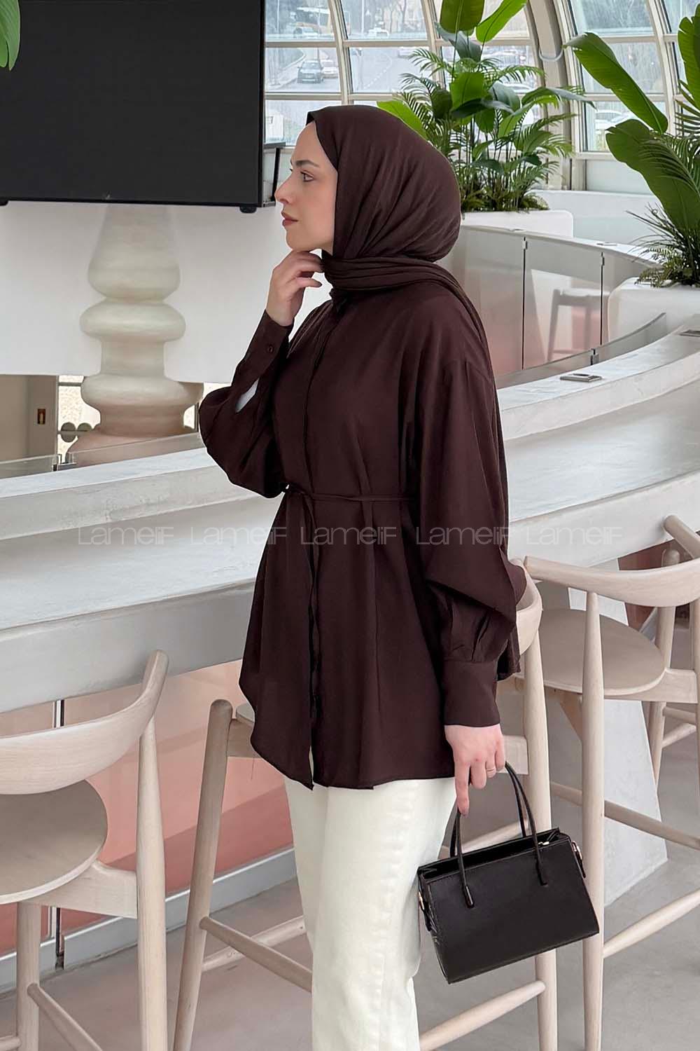 Lamelif Hakim Yaka Bağlamalı Gömlek Kahve