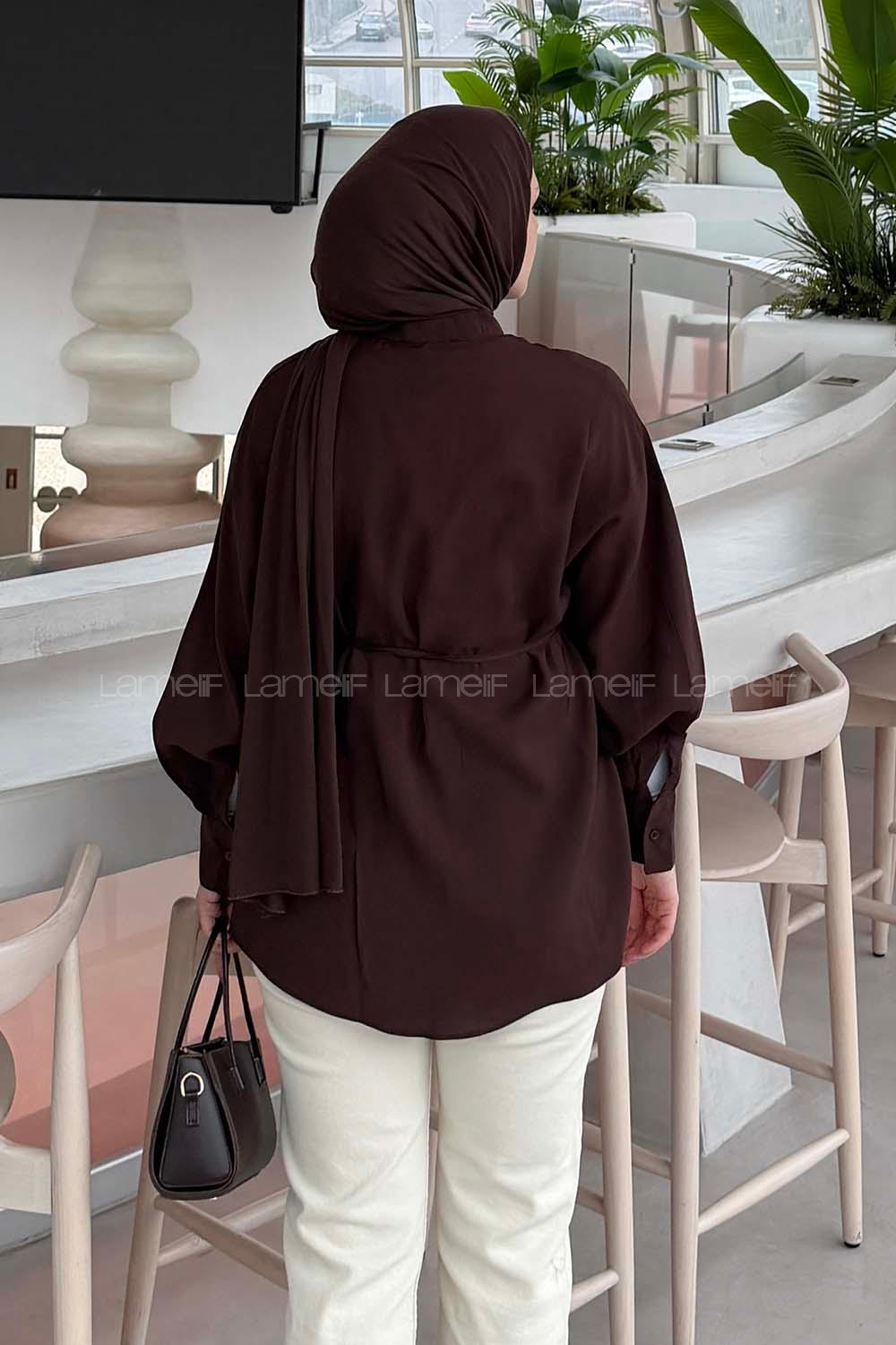 Lamelif Hakim Yaka Bağlamalı Gömlek Kahve