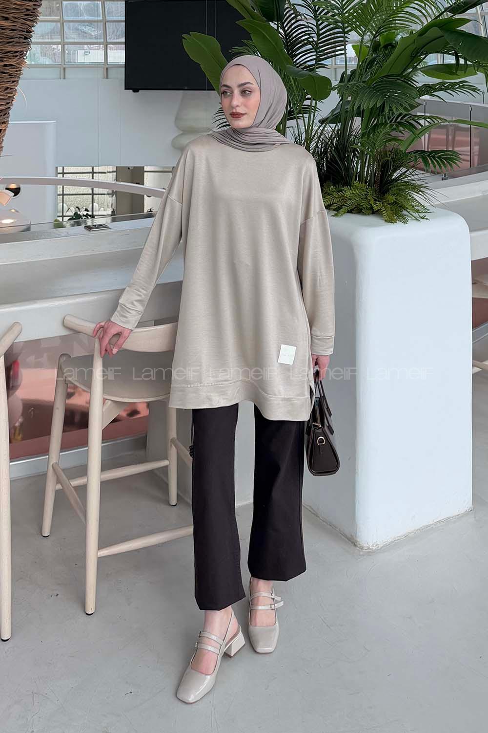 Lamelif İki iplikli Arma Detaylı Sweat Tunik Vizonrengi