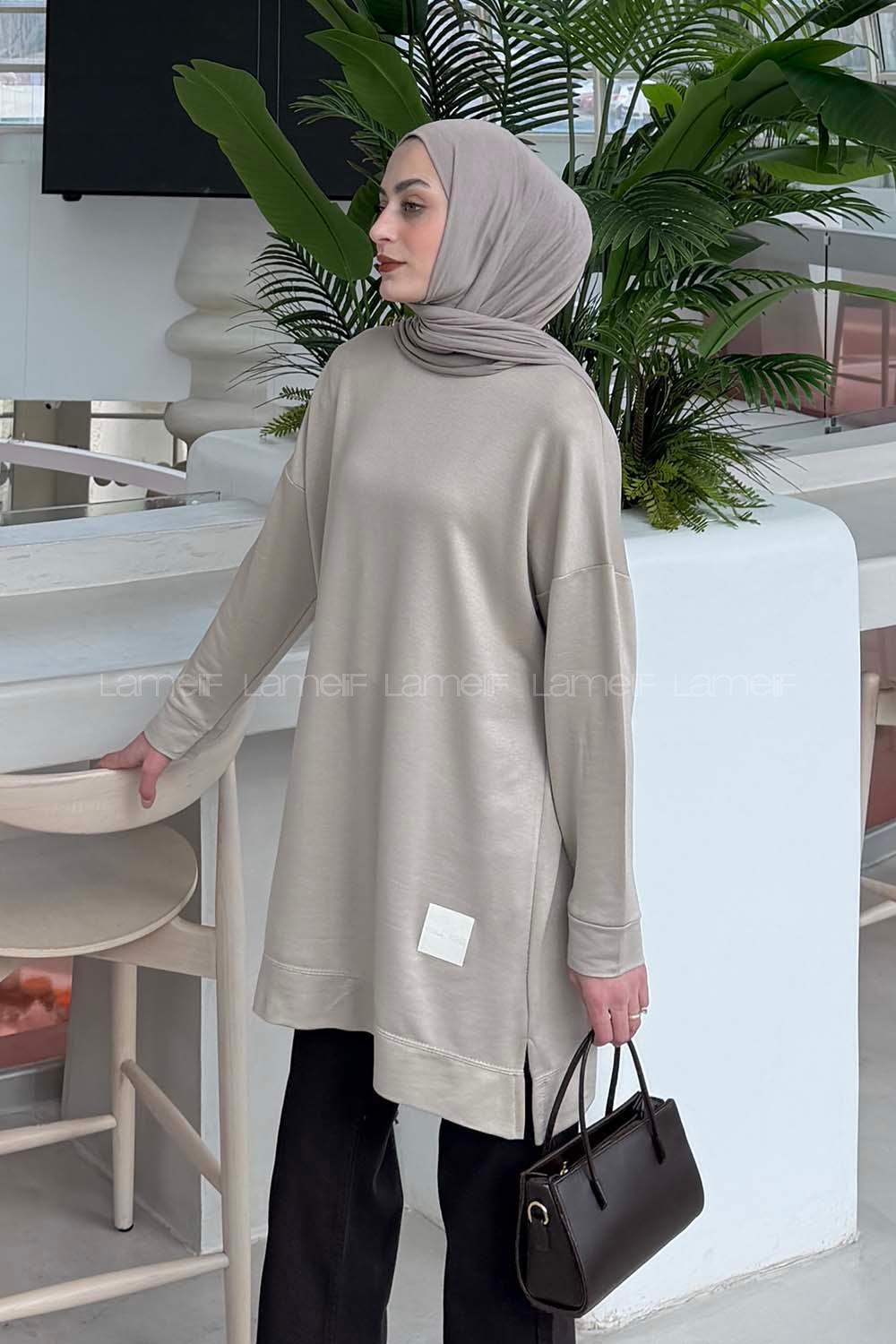 Lamelif İki iplikli Arma Detaylı Sweat Tunik Vizonrengi