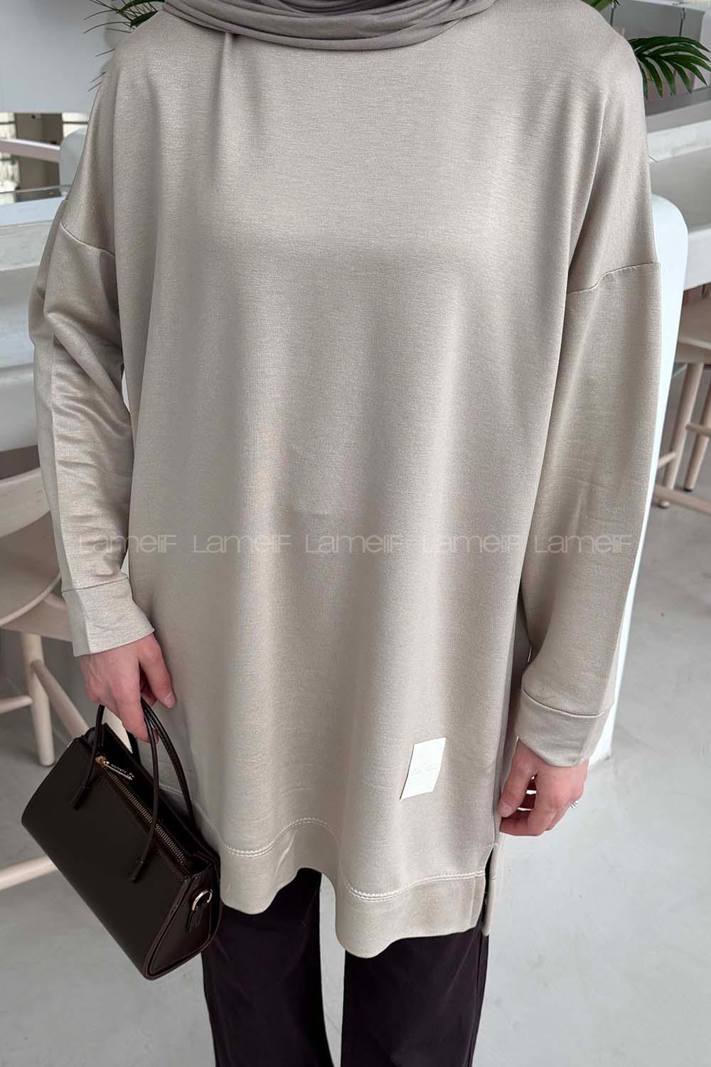 Lamelif İki iplikli Arma Detaylı Sweat Tunik Vizonrengi