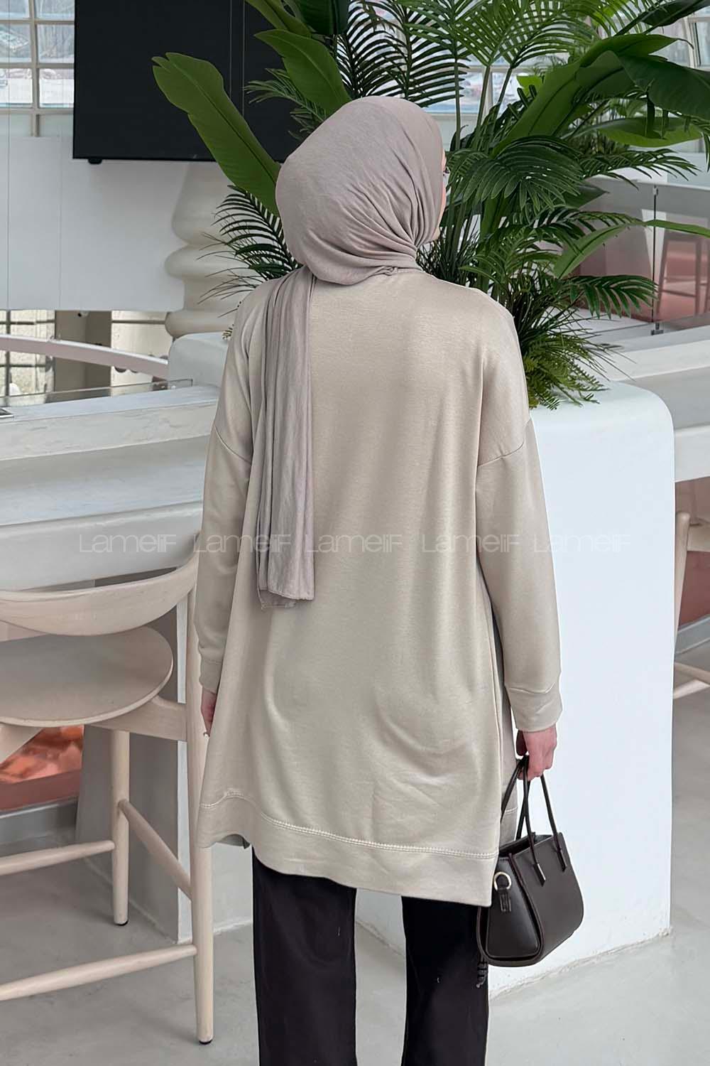 Lamelif İki iplikli Arma Detaylı Sweat Tunik Vizonrengi