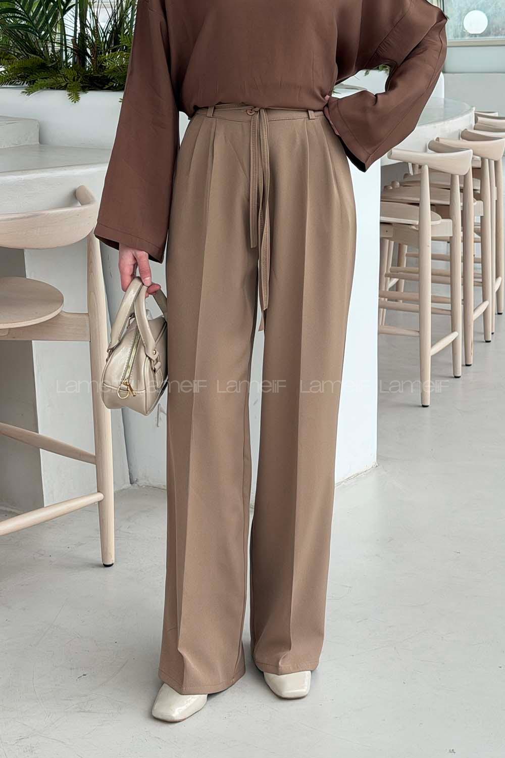 Lamelif İp Detaylı Pantolon Soft Kahve