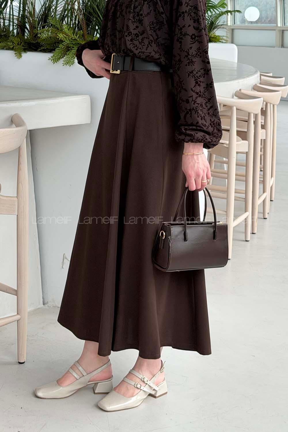 Lamelif Kemerli Midi Boy Etek Acı Kahve