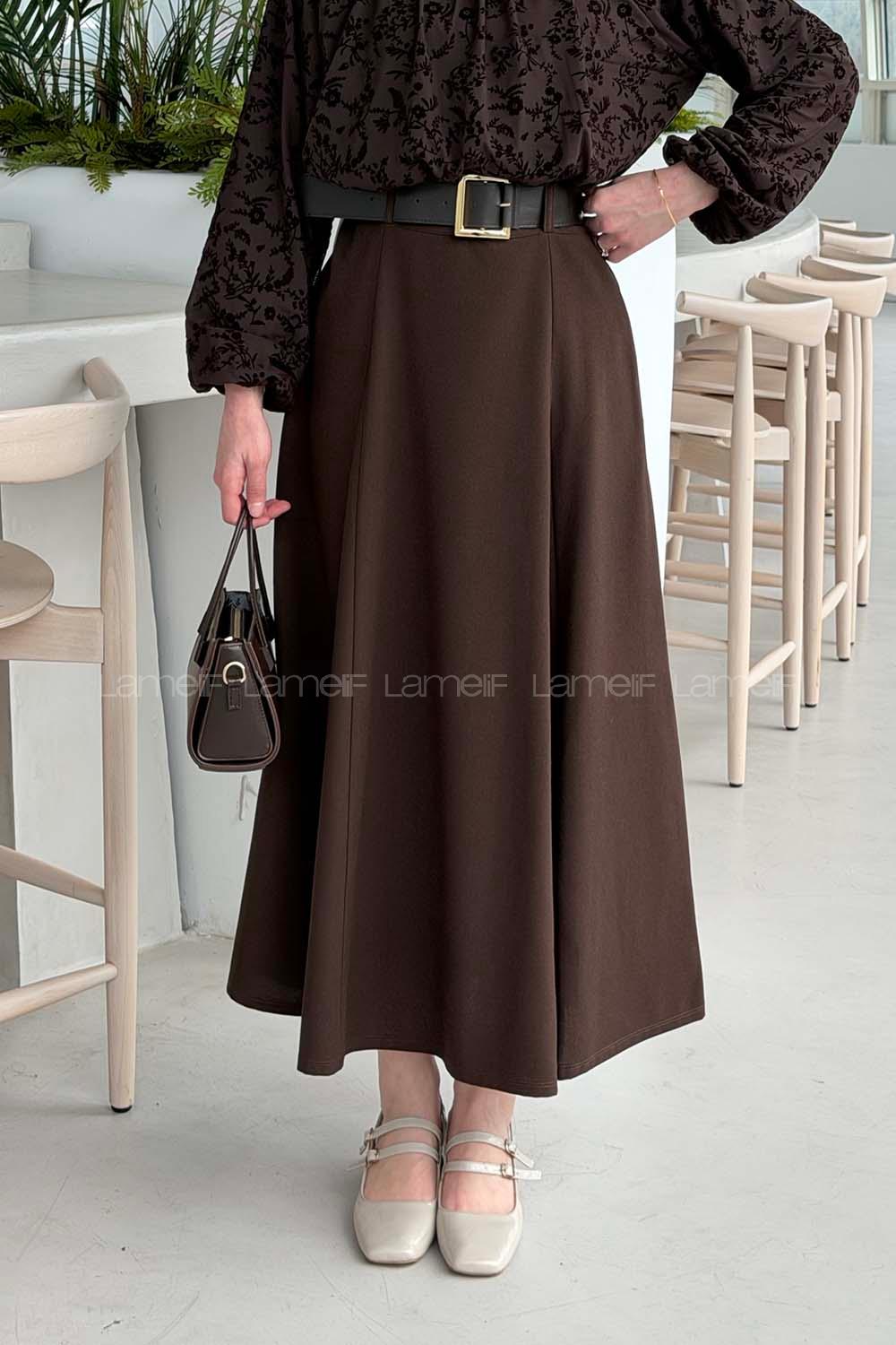 Lamelif Kemerli Midi Boy Etek Acı Kahve
