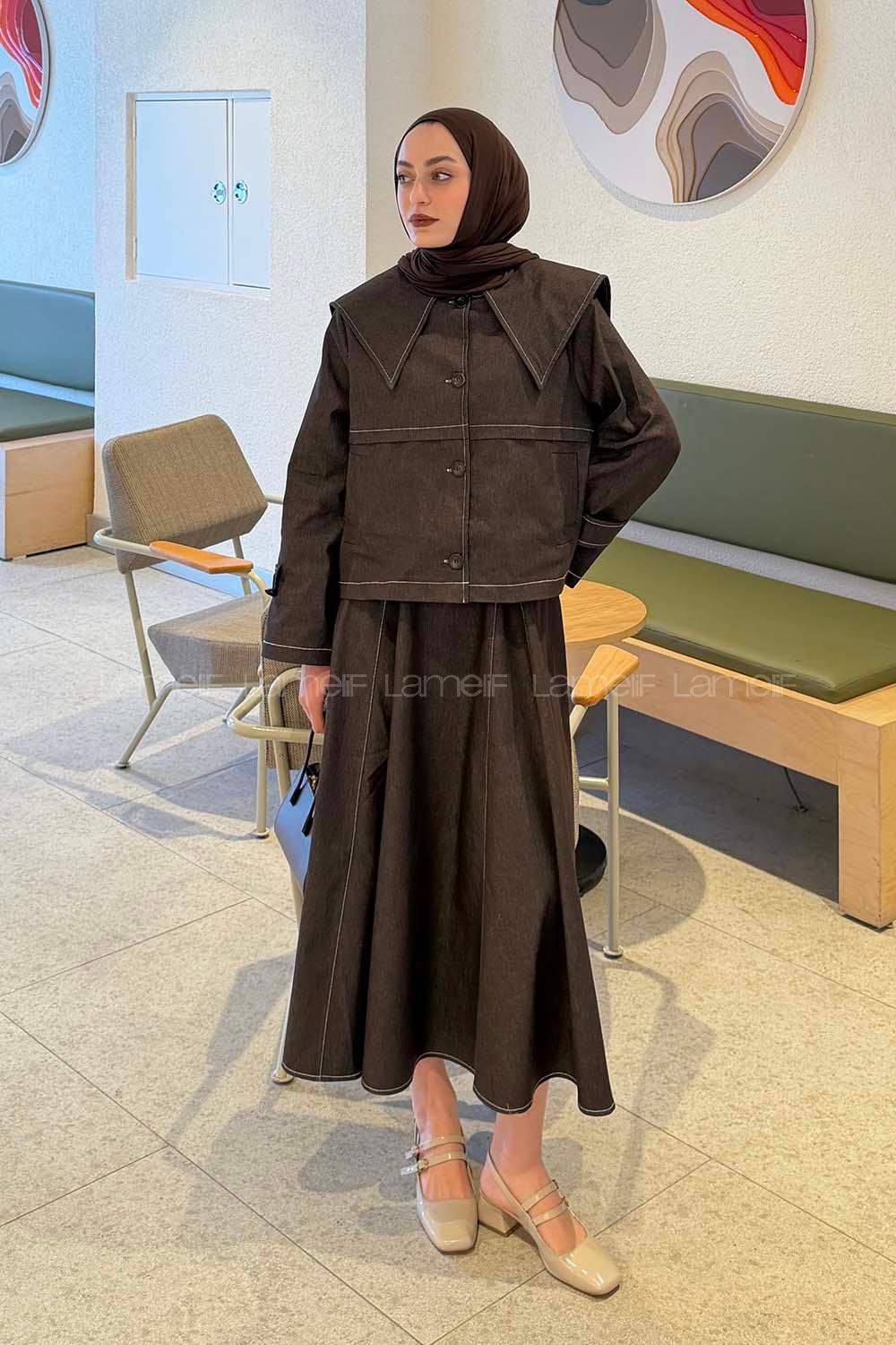 Lamelif Pelerinli Denim Takım Kahverengi