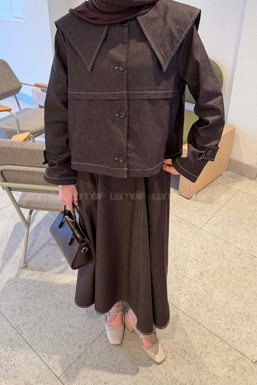 Lamelif Pelerinli Denim Takım Kahverengi