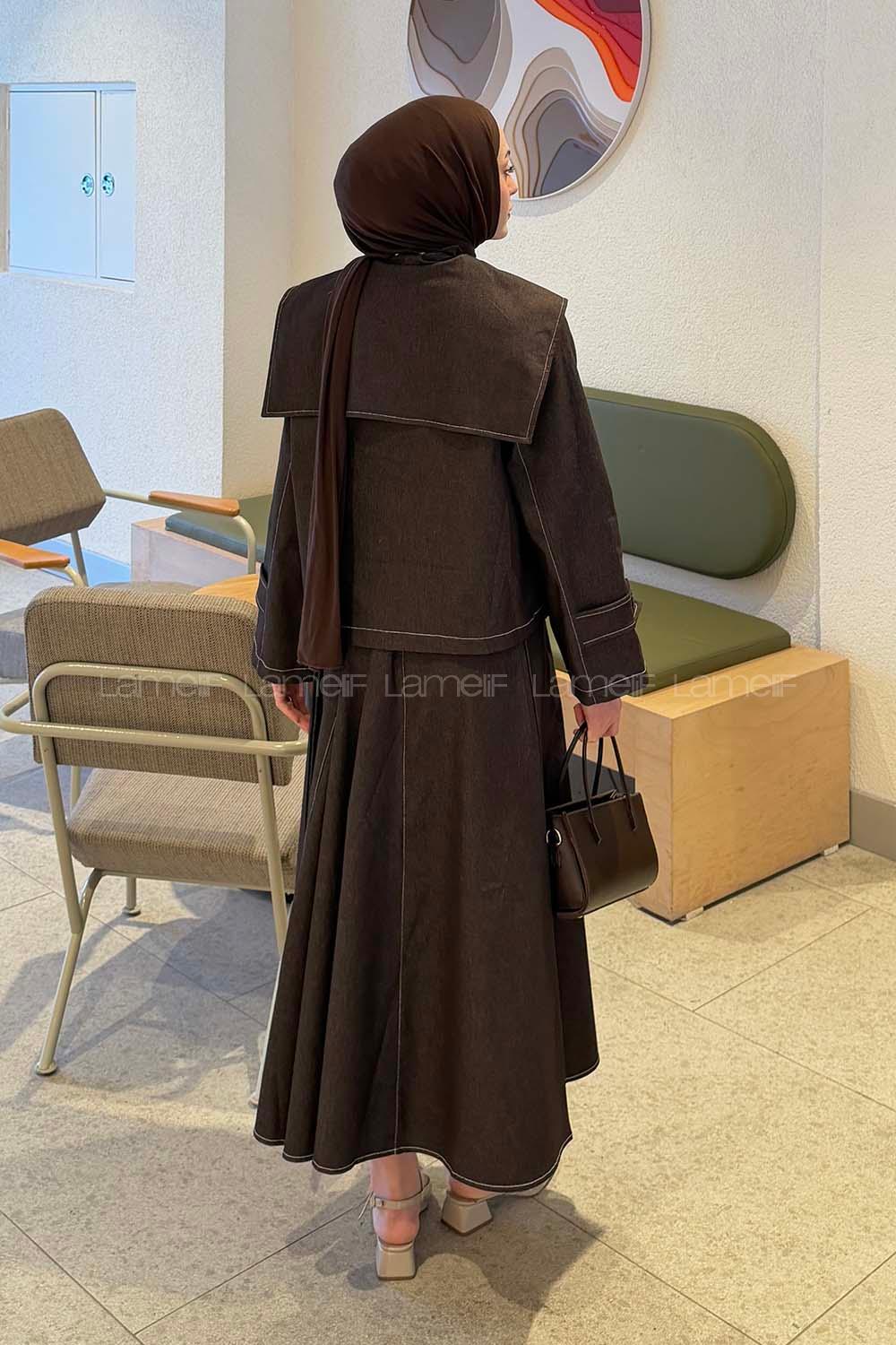 Lamelif Pelerinli Denim Takım Kahverengi