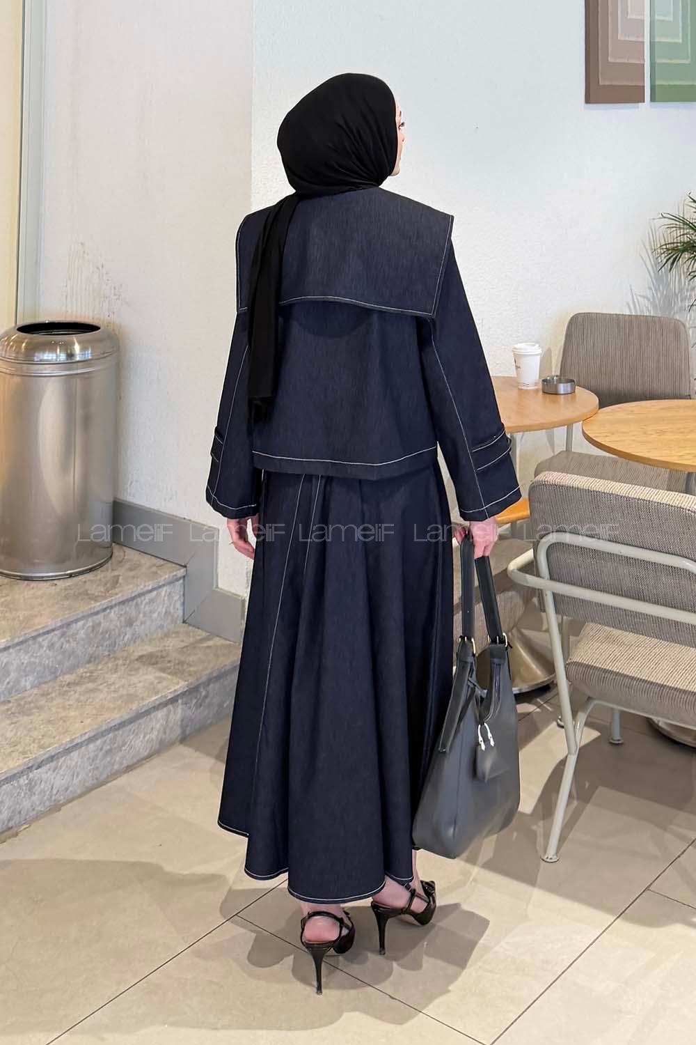 Lamelif Pelerinli Denim Takım Koyu Mavi