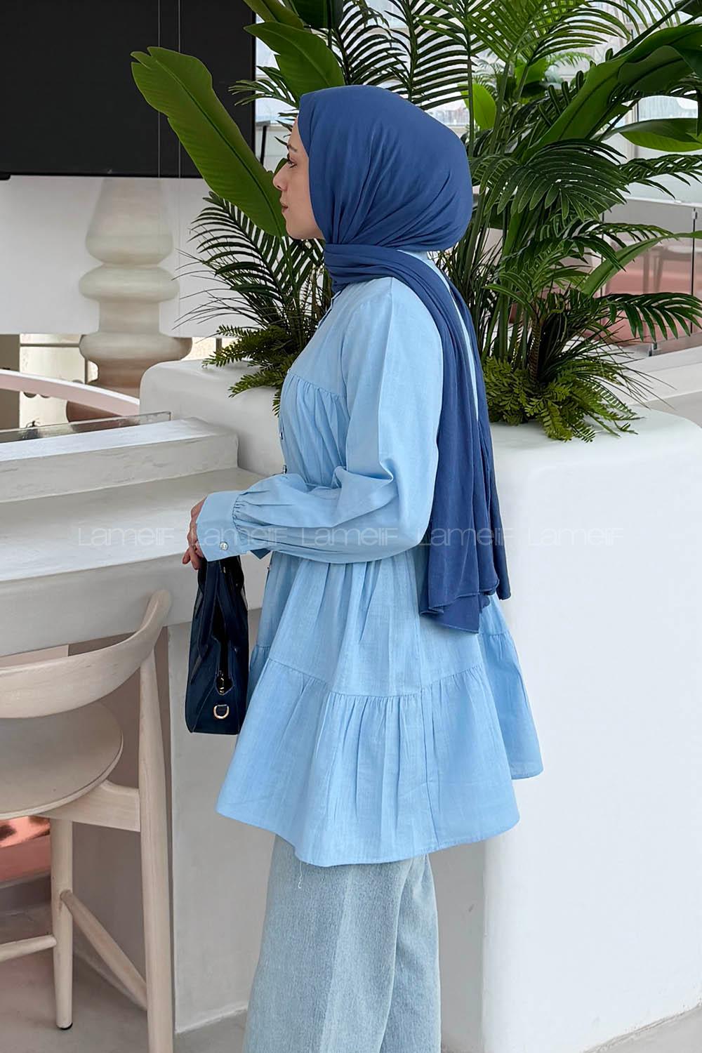 Lamelif Taşlı Düğme Detaylı Gömlek Bebe Mavisi