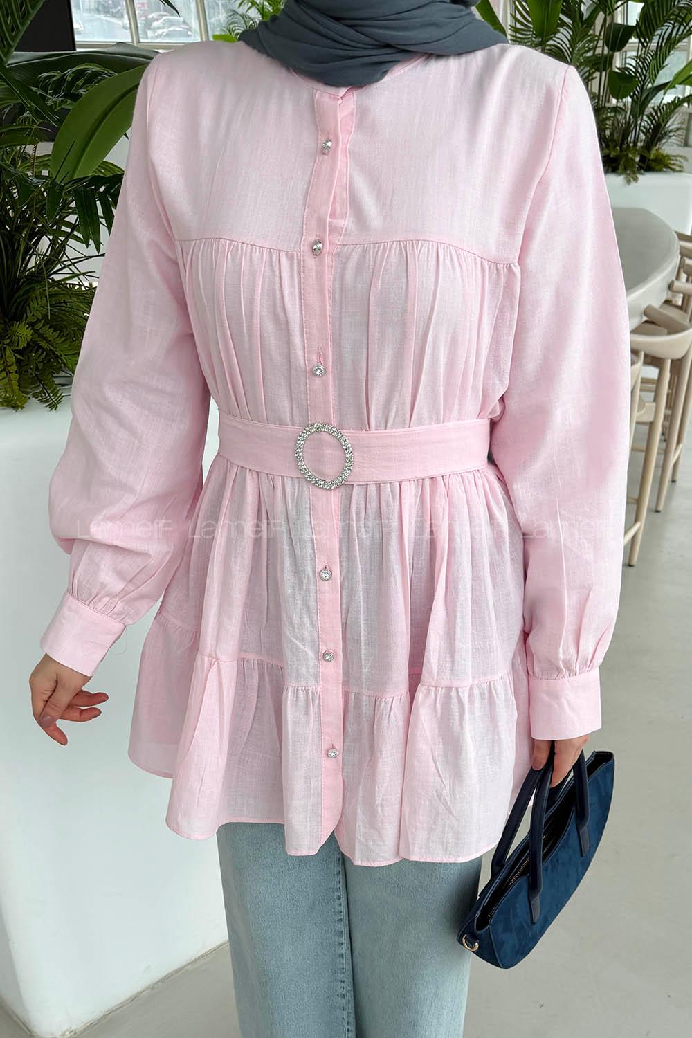 Lamelif Taşlı Düğme Detaylı Gömlek Pembe