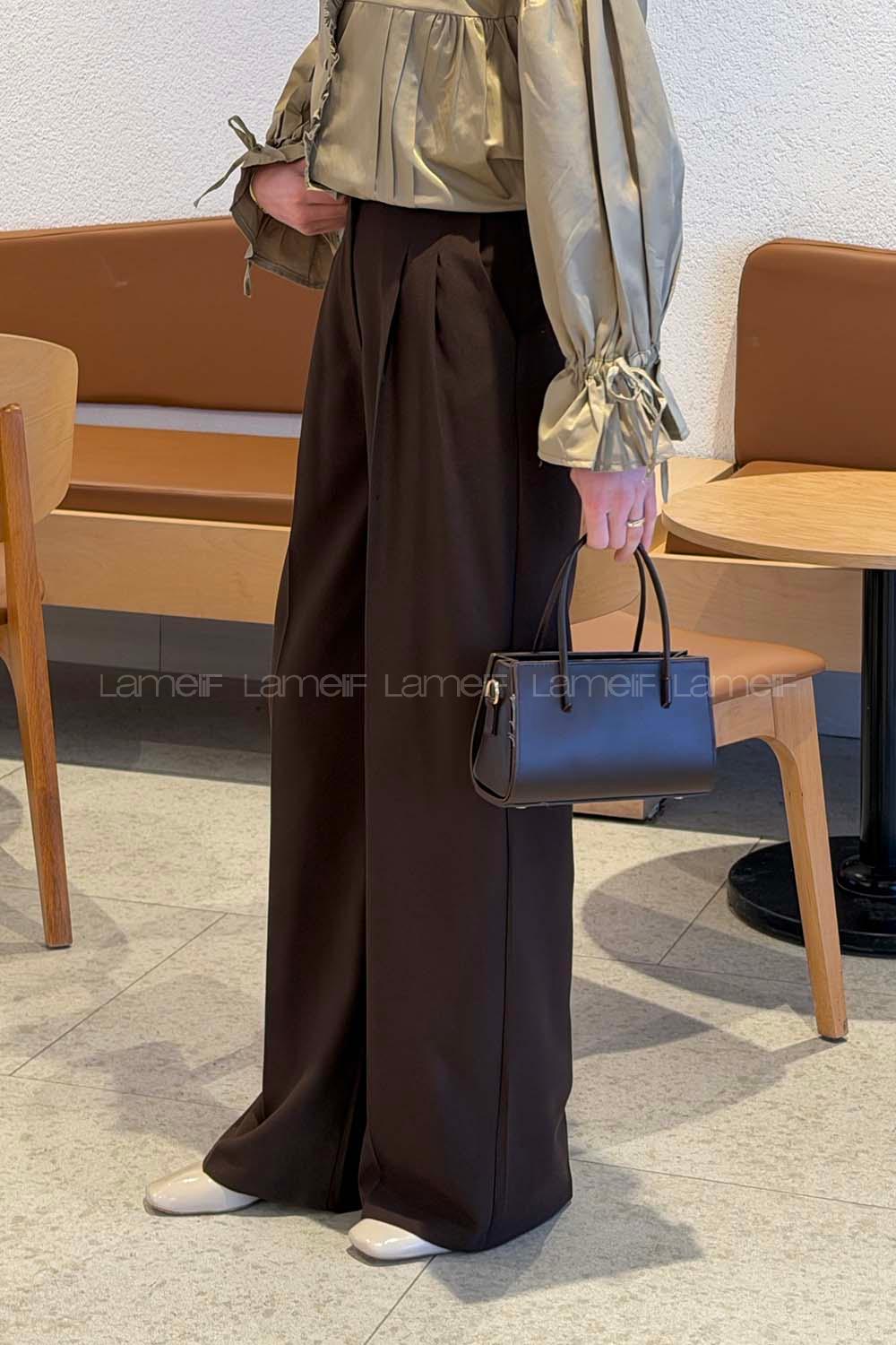 Lamelif Yüksek Bel Palazzo Pantolon Acı Kahve