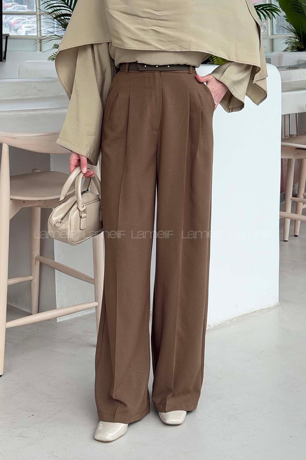 Lamelif Yüksek Bel Palazzo Pantolon Sütlü Kahve