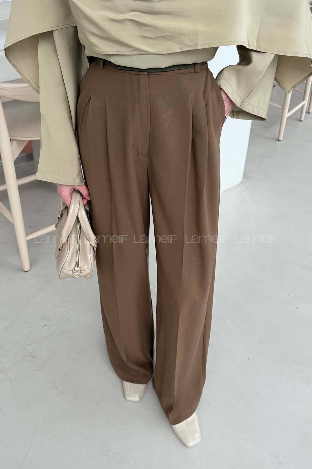 Lamelif Yüksek Bel Palazzo Pantolon Sütlü Kahve