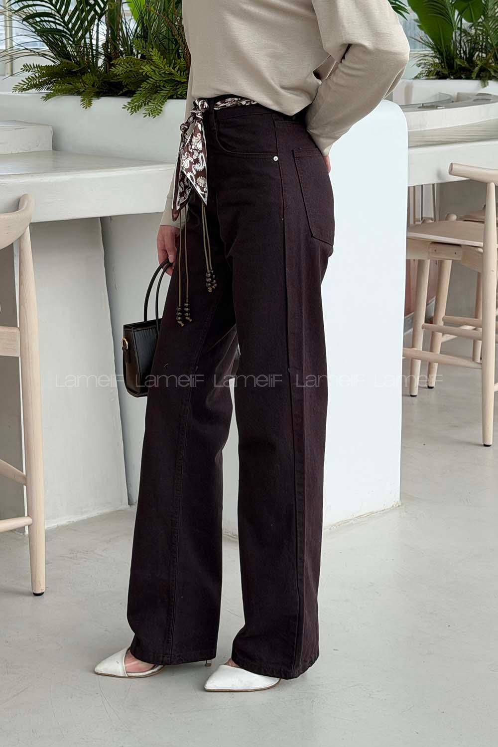 Lamelif Yüksek Bel Wide Leg Pantolon Acı Kahve