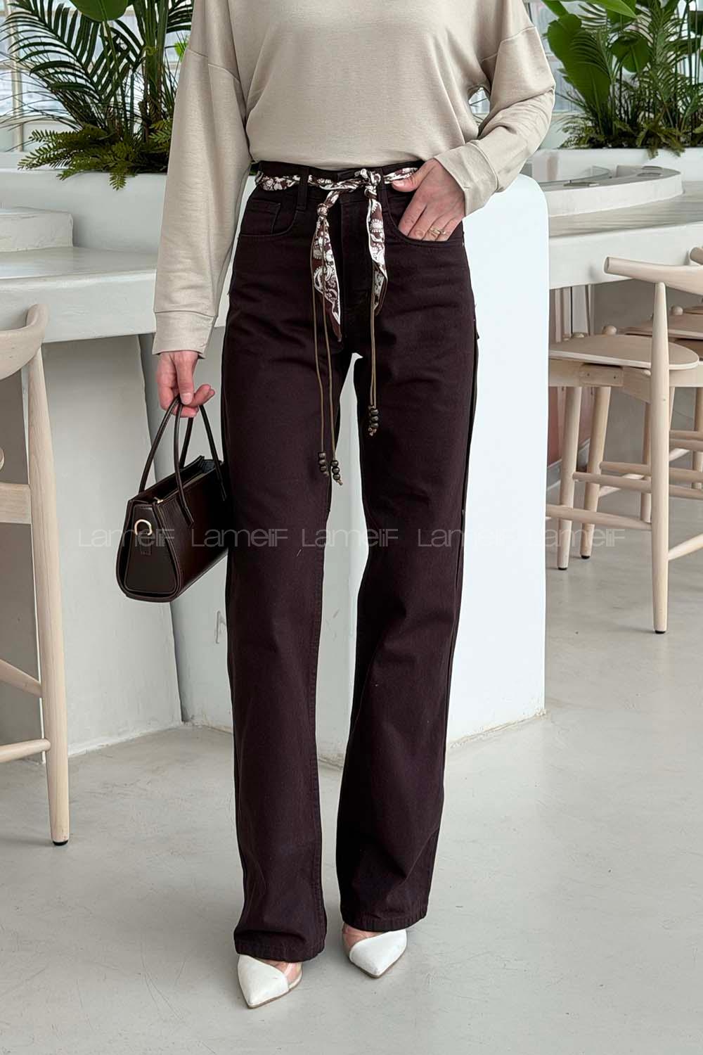 Lamelif Yüksek Bel Wide Leg Pantolon Acı Kahve