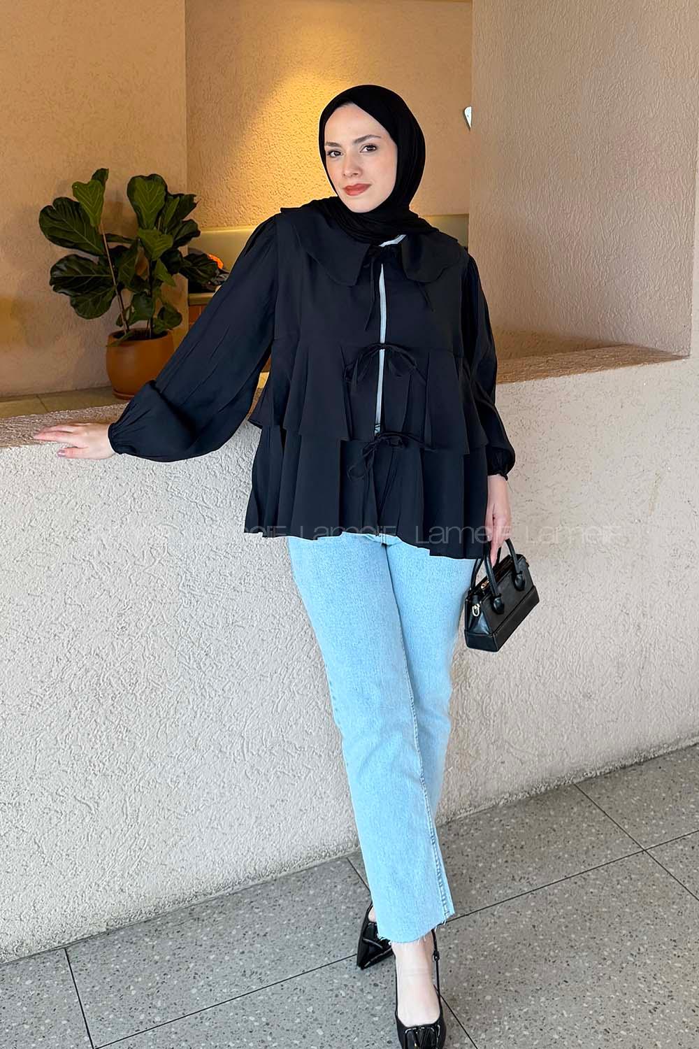 Lamelif Bağlamalı Gömlek Siyah