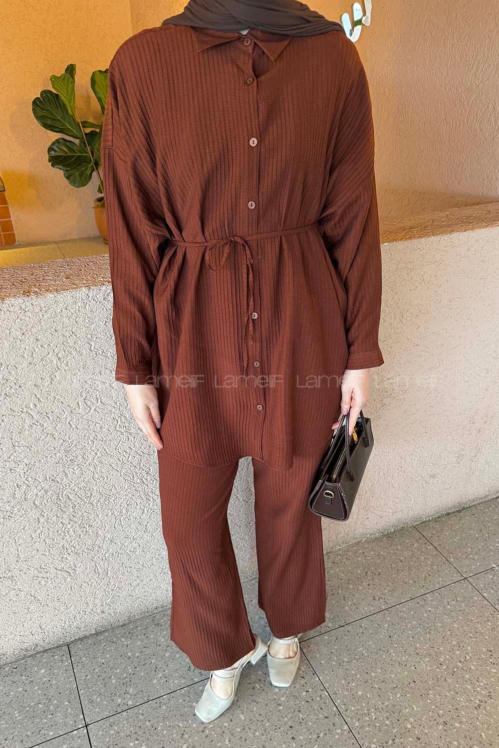 Lamelif Bağlamalı Takım Kahverengi