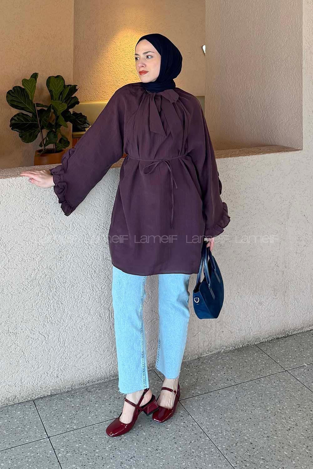 Lamelif Fular Yaka Bağlamalı Tunik Mürdüm