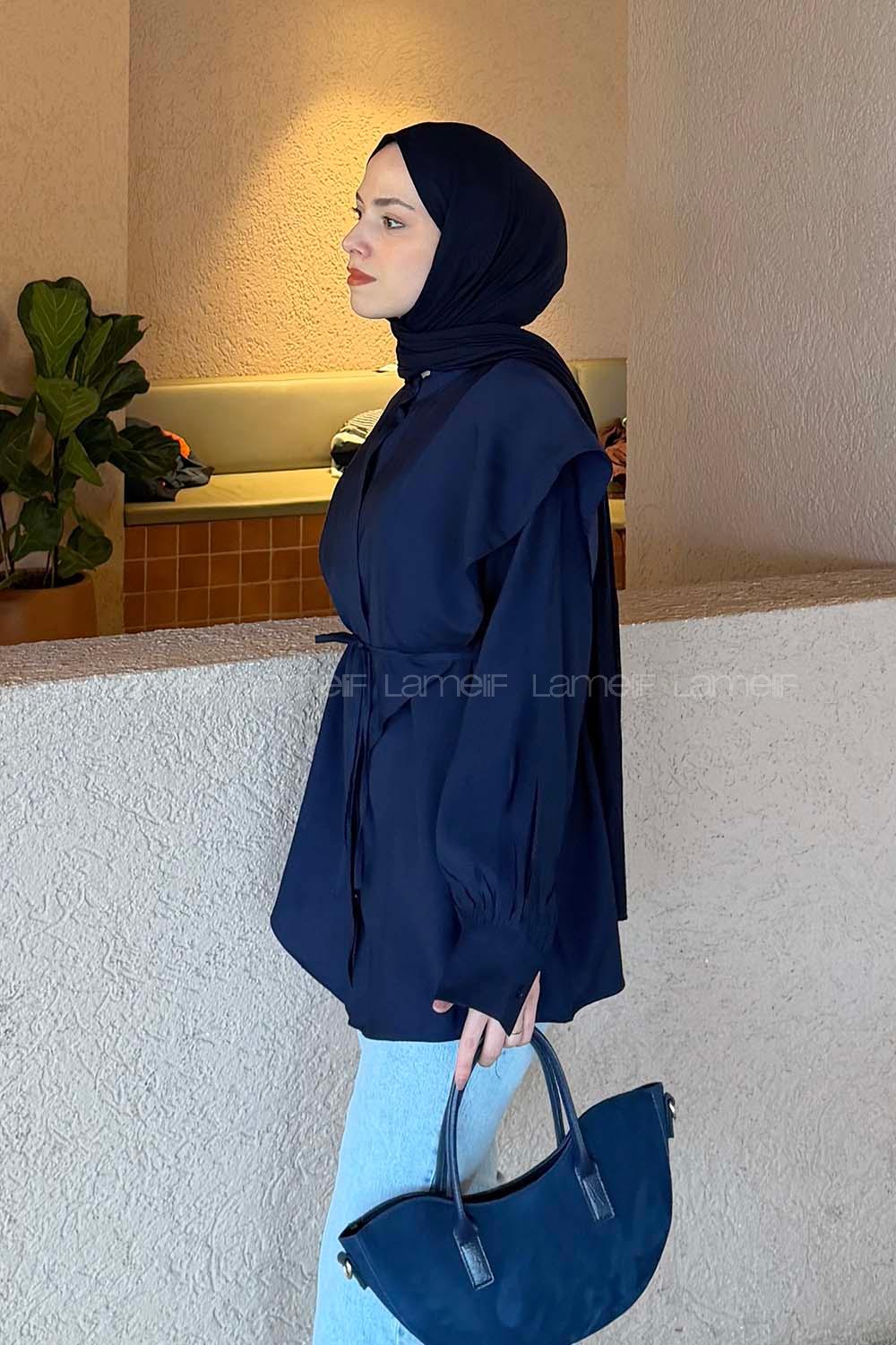 Lamelif Hakim Yaka Bağlamalı Gömlek Lacivert