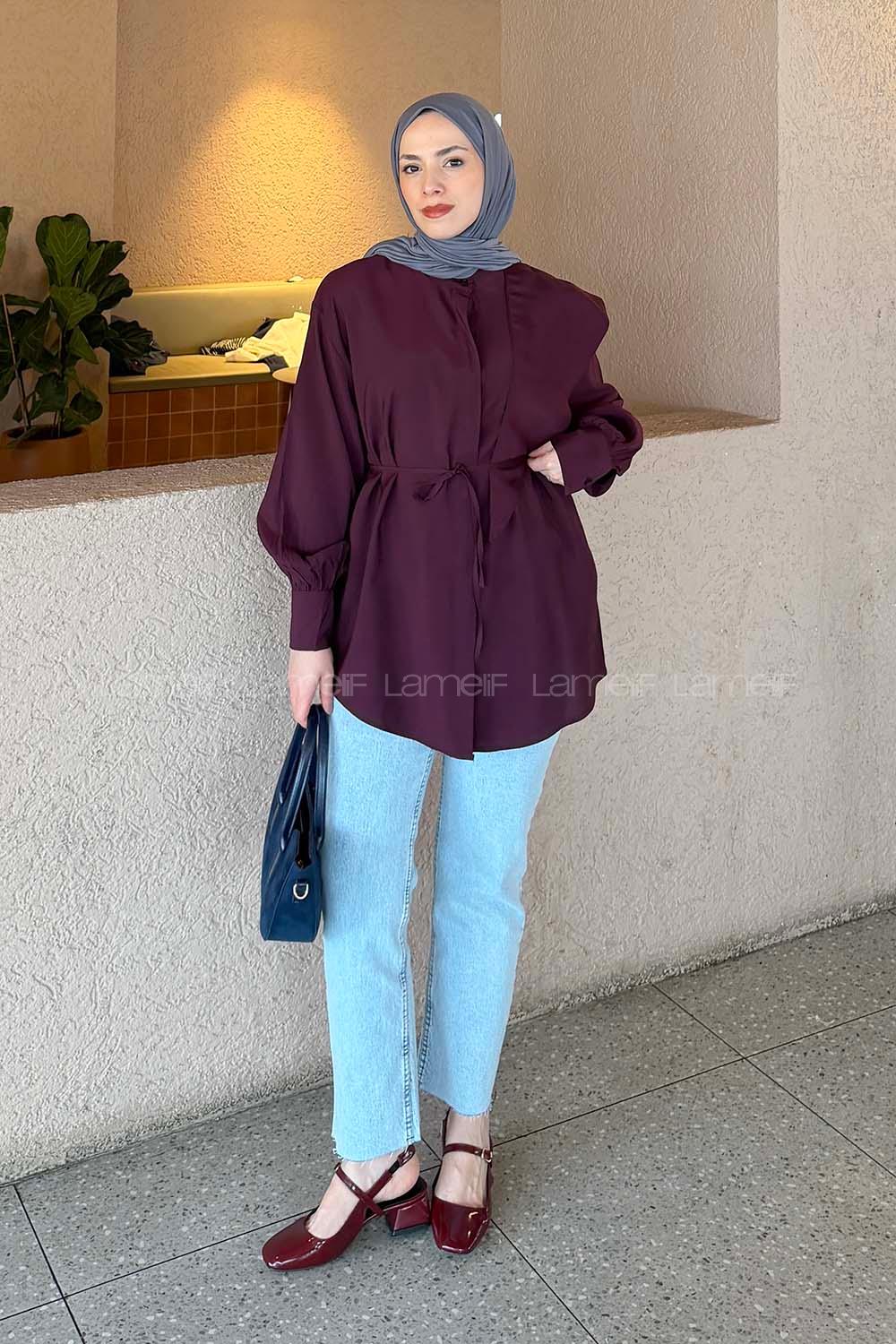 Lamelif Hakim Yaka Bağlamalı Gömlek Mürdüm