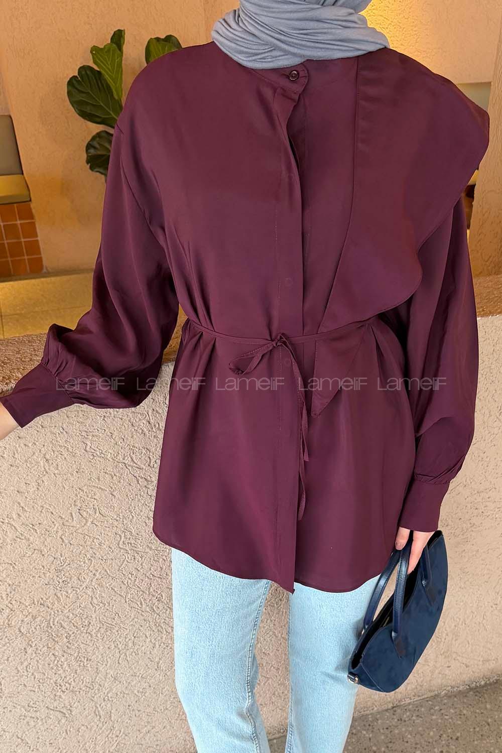 Lamelif Hakim Yaka Bağlamalı Gömlek Mürdüm