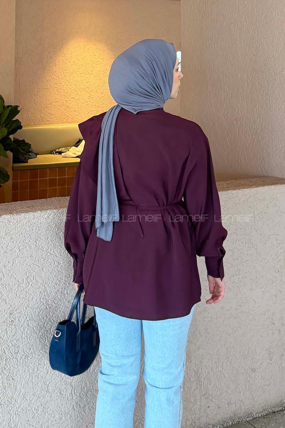 Lamelif Hakim Yaka Bağlamalı Gömlek Mürdüm