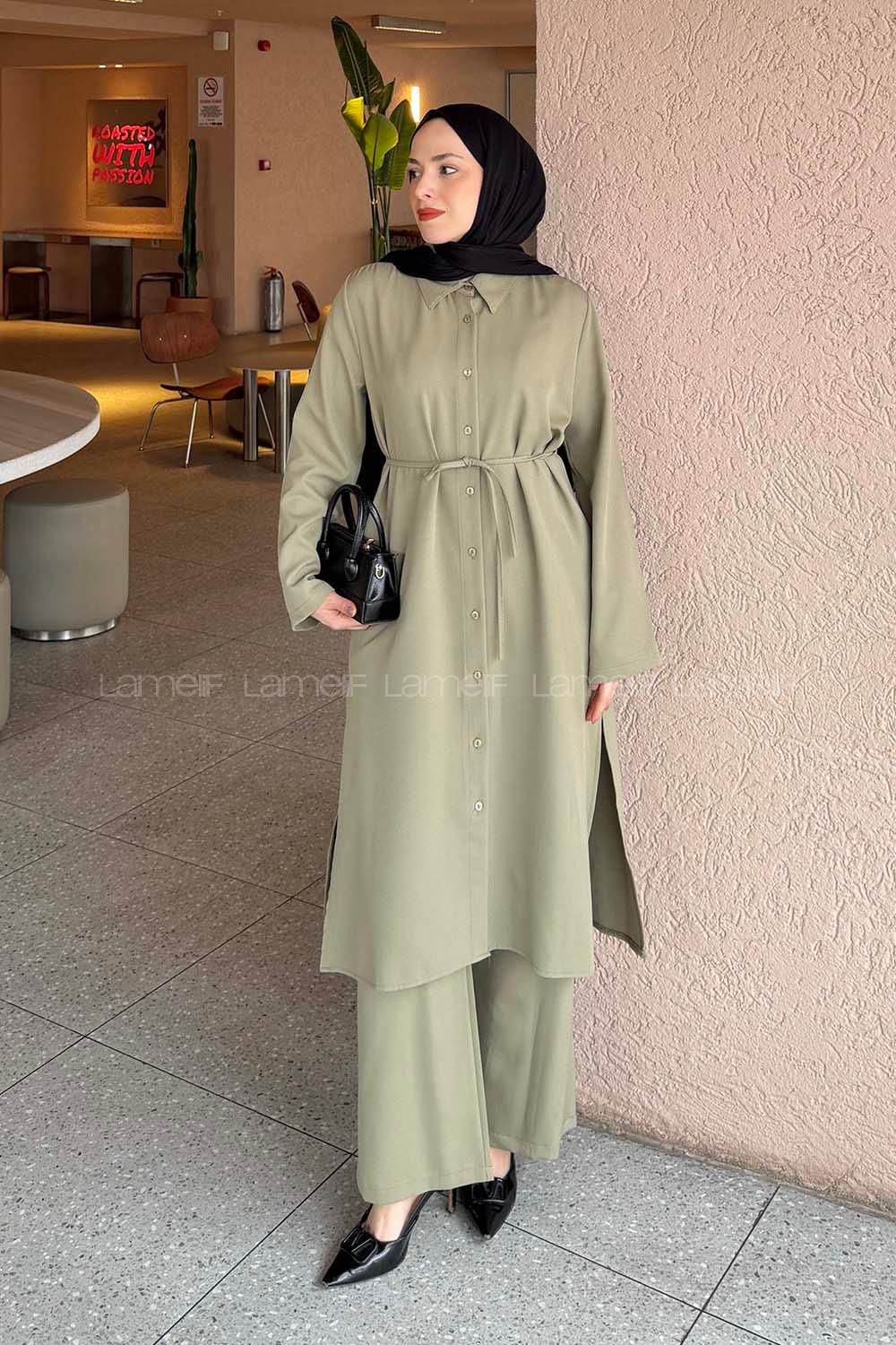 Lamelif Omuz Büzgülü Tesettür Takım Asker Yeşili