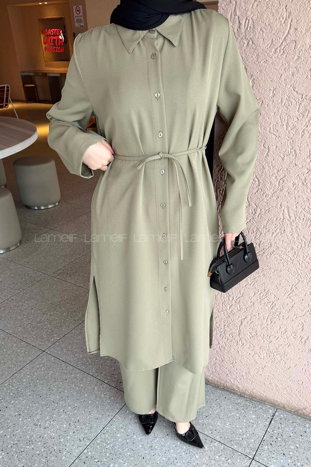 Lamelif Omuz Büzgülü Tesettür Takım Asker Yeşili