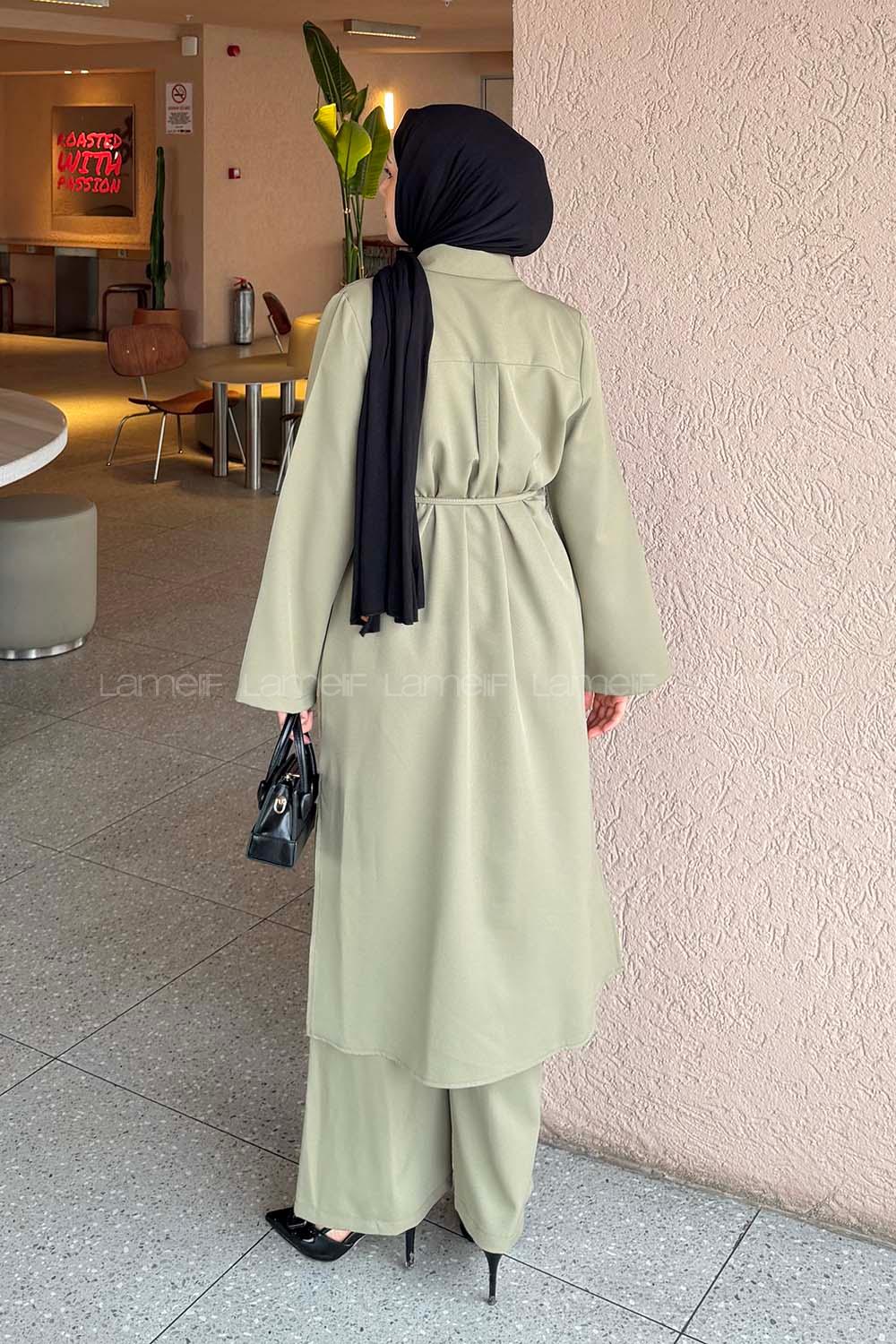 Lamelif Omuz Büzgülü Tesettür Takım Asker Yeşili