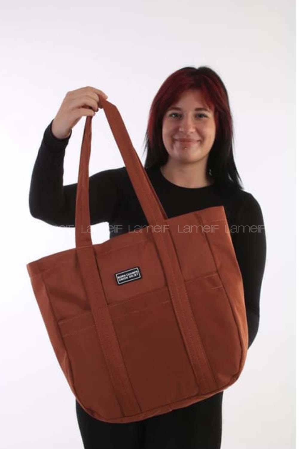 Lamelif Fermuarlı Büyük Kadın Kol Çantası Taba