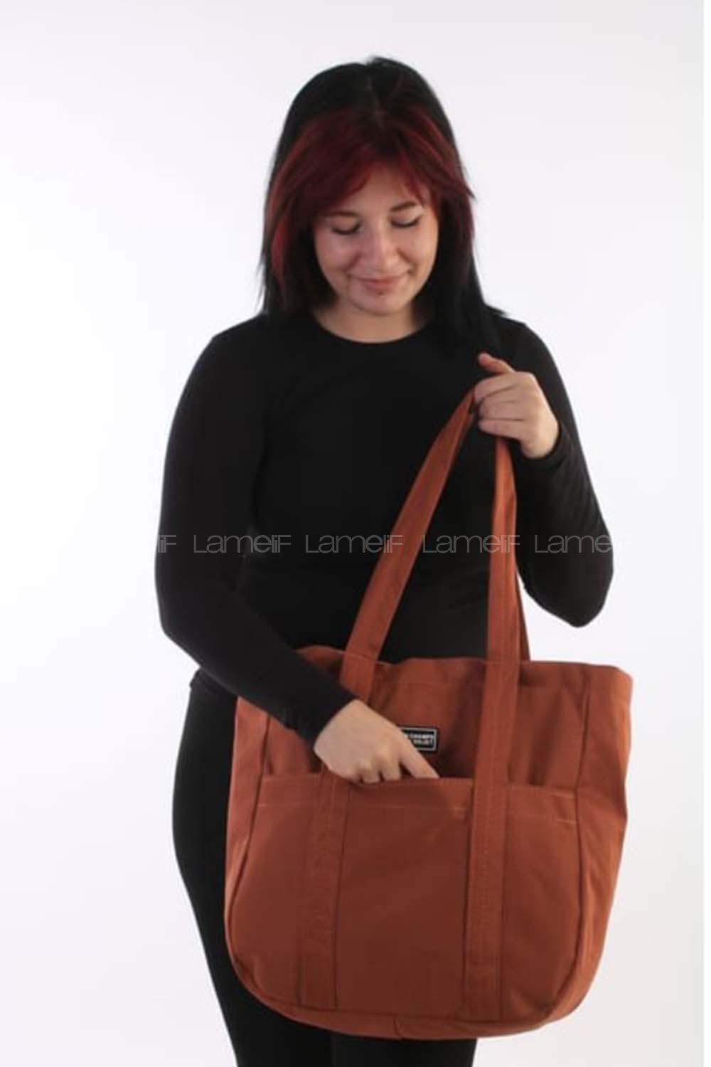 Lamelif Fermuarlı Büyük Kadın Kol Çantası Taba