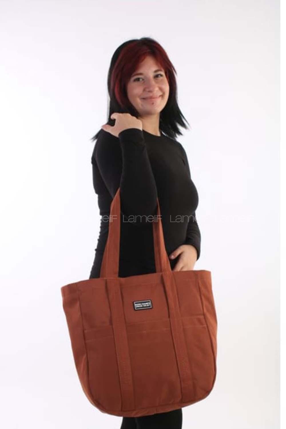 Lamelif Fermuarlı Büyük Kadın Kol Çantası Taba