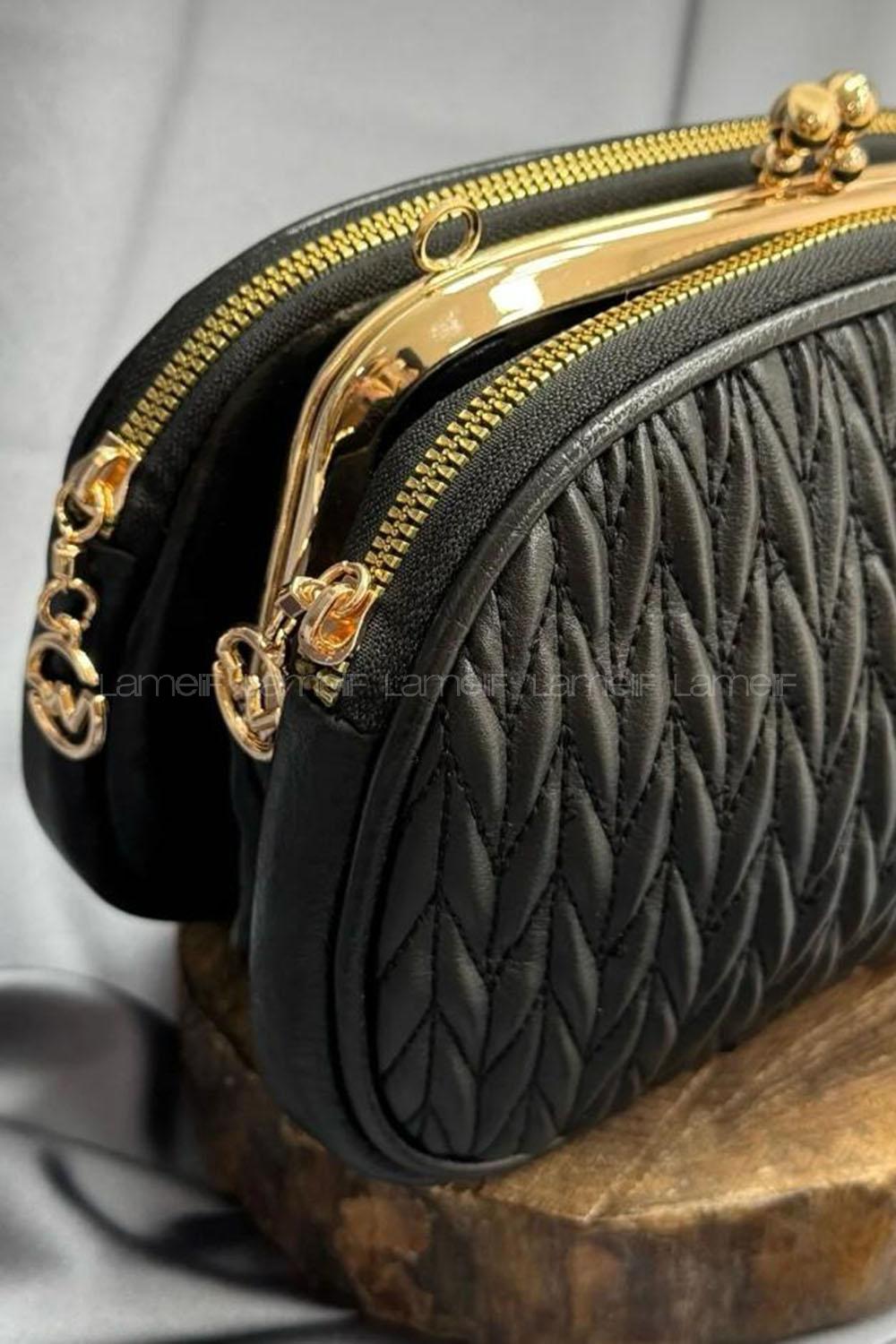 Lamelif Noreza Büzgülü Mıknatıs Bölmeli Çok Gözlü Çapraz Çanta Siyah