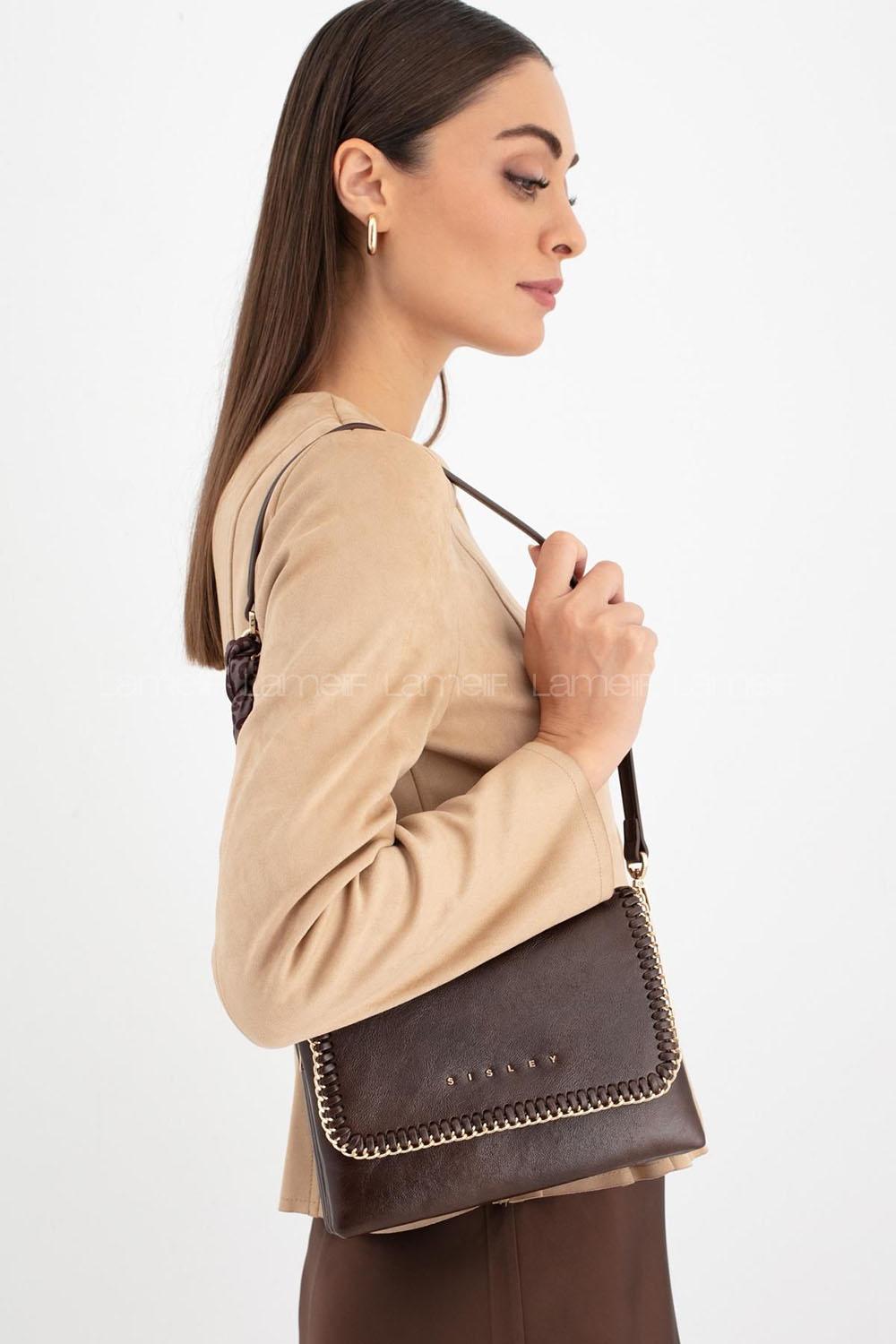 Lamelif Walentıa Gold Detaylı Kadın Çapraz Çanta Acı Kahve