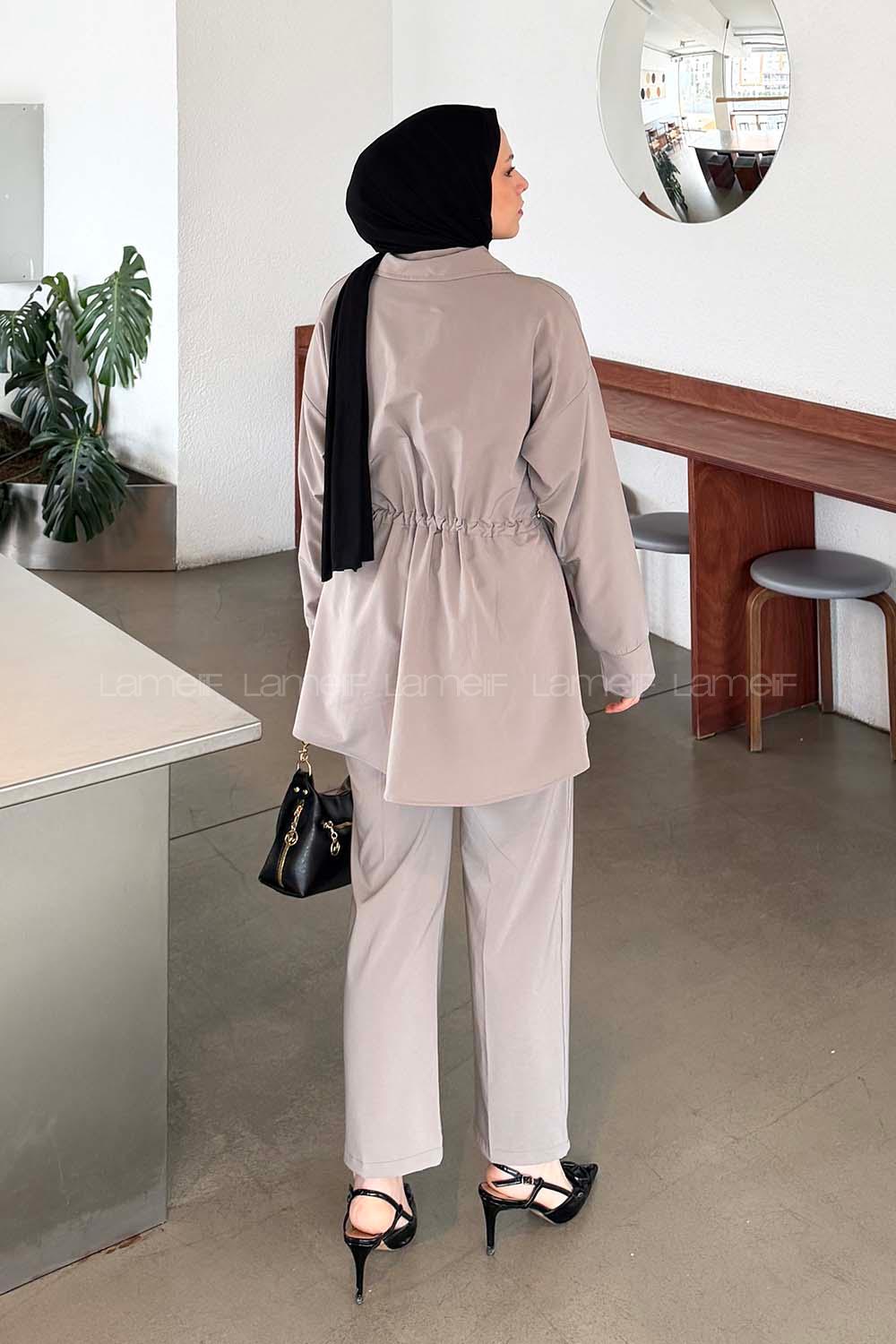 Lamelif Beli Lastikli Takım Gri