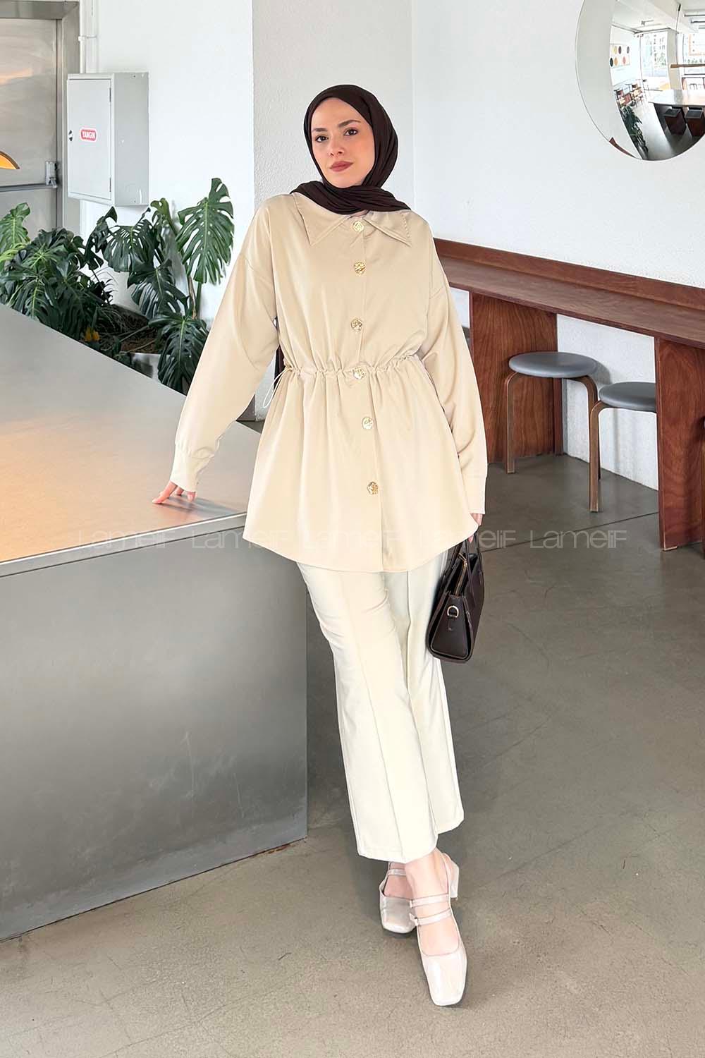 Lamelif Beli Lastikli Takım Krem