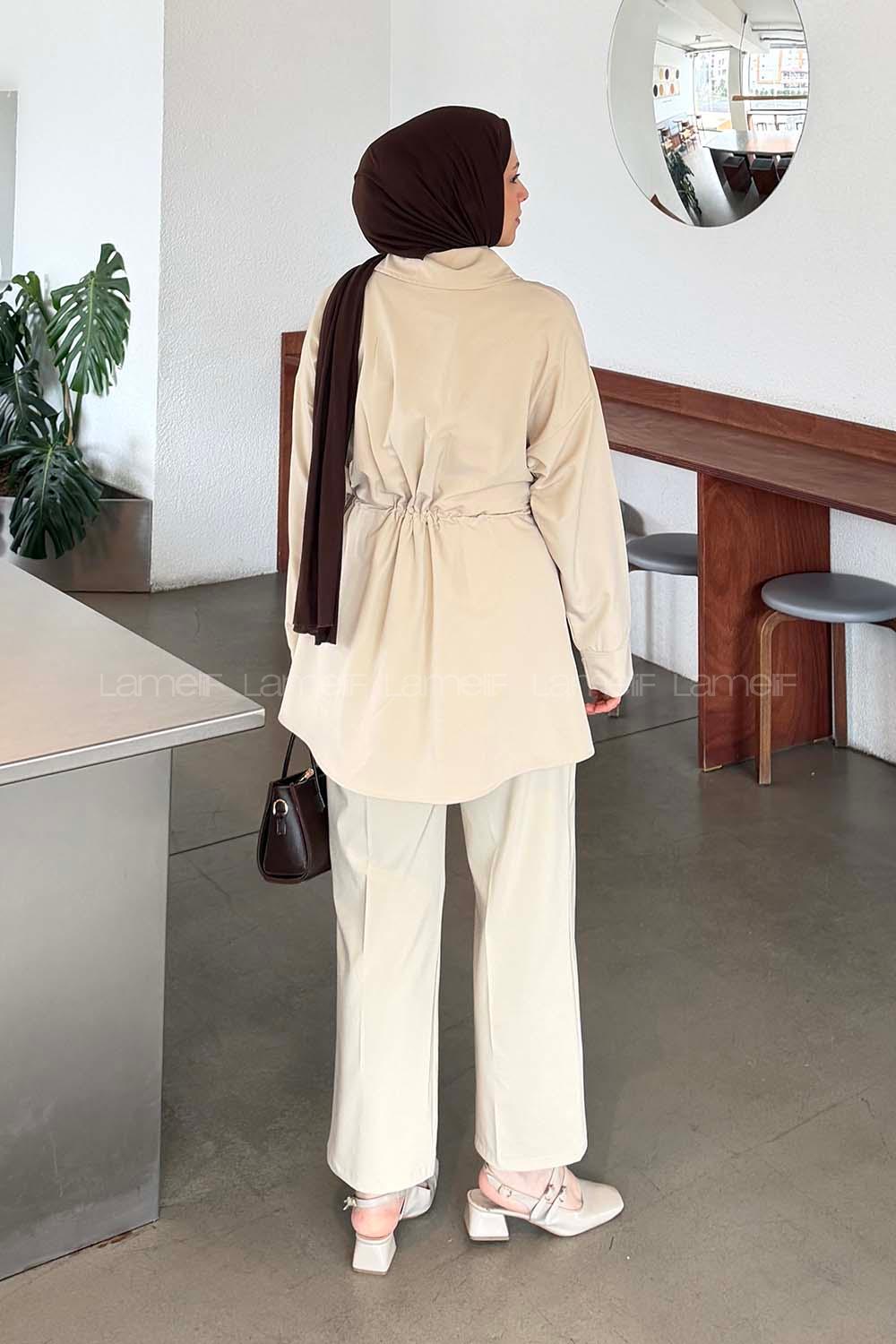 Lamelif Beli Lastikli Takım Krem