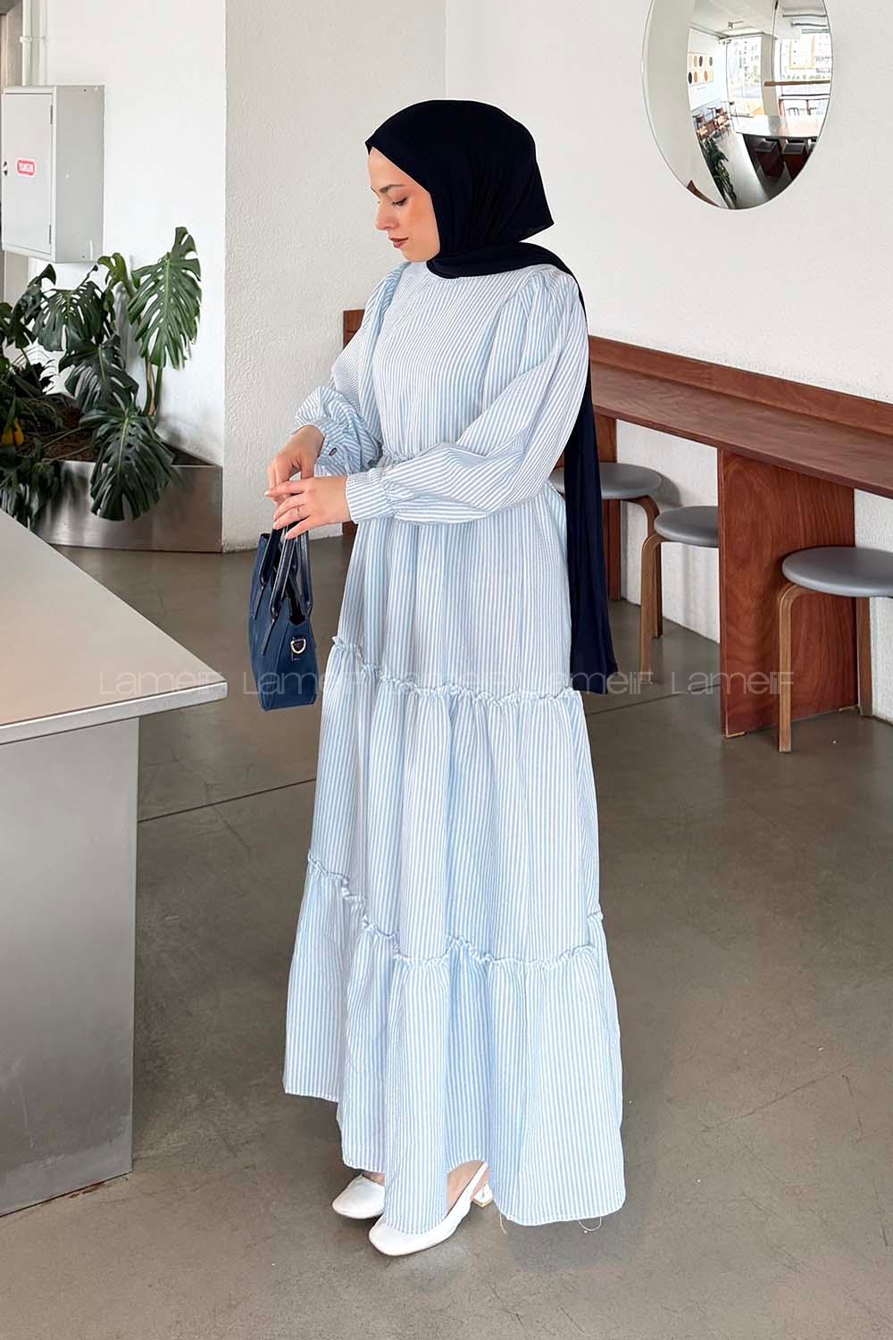 Baby Blue Crew Neck Polyester Unprinted Dresess