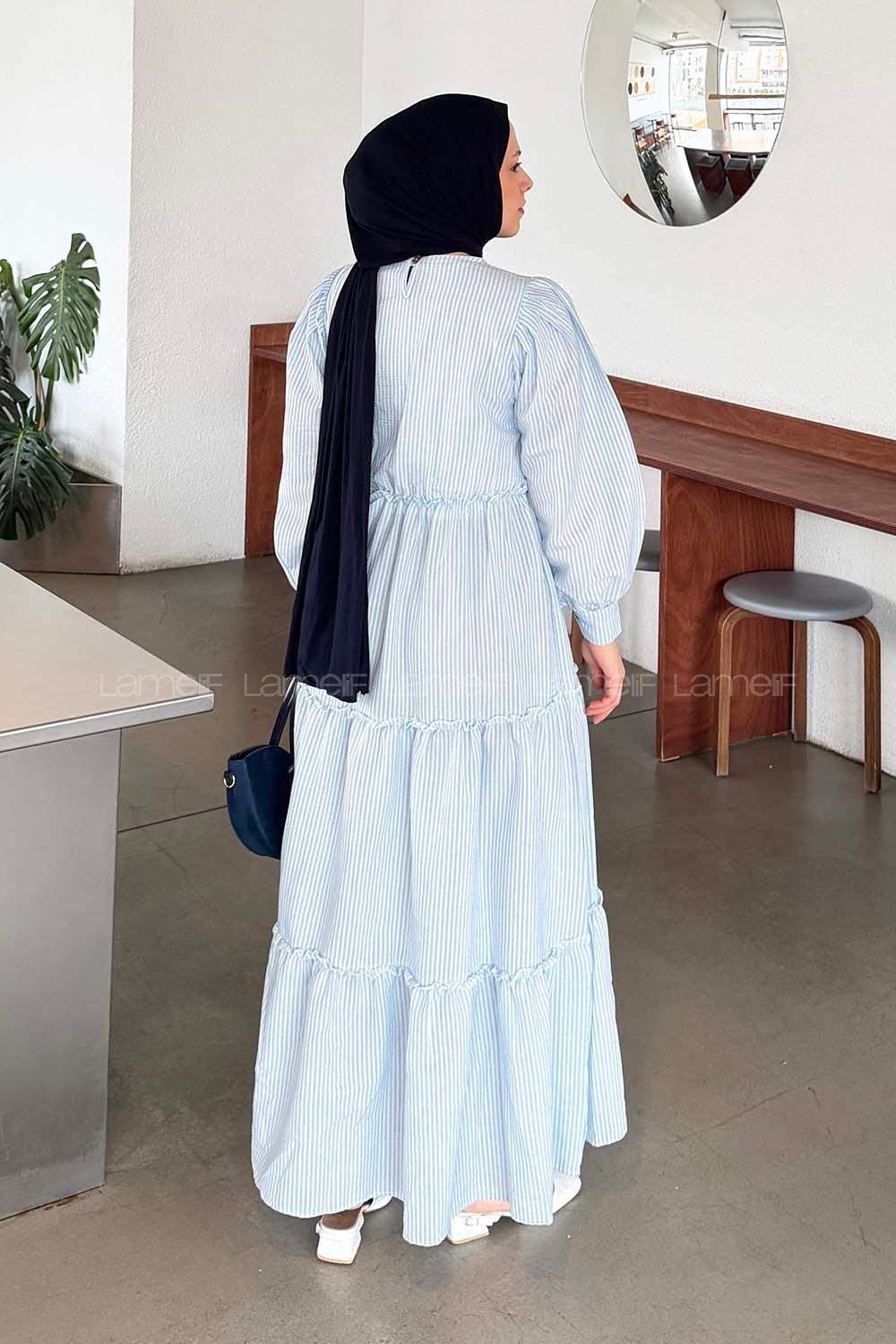 Baby Blue Crew Neck Polyester Unprinted Dresess