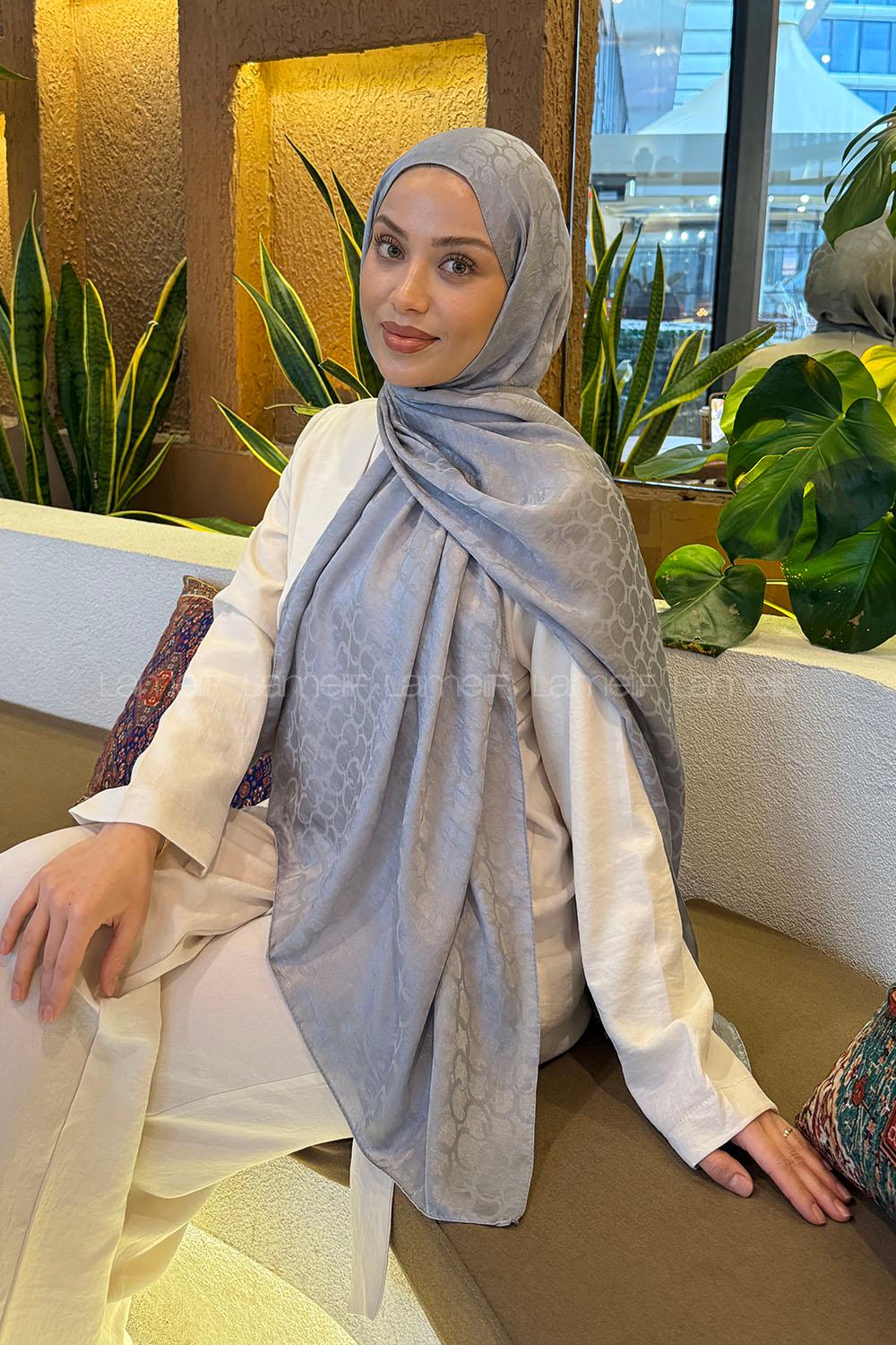 Lamelif  Bloom Desen Ayrobin Floş Jakar  Şal Gri