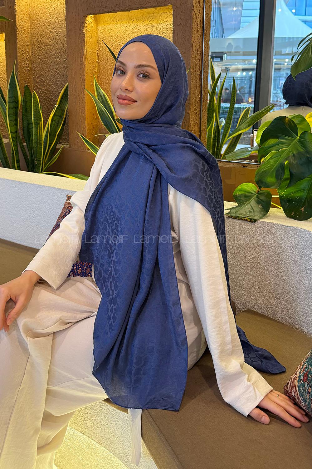 Lamelif  Bloom Desen Ayrobin Floş Jakar  Şal İndigo