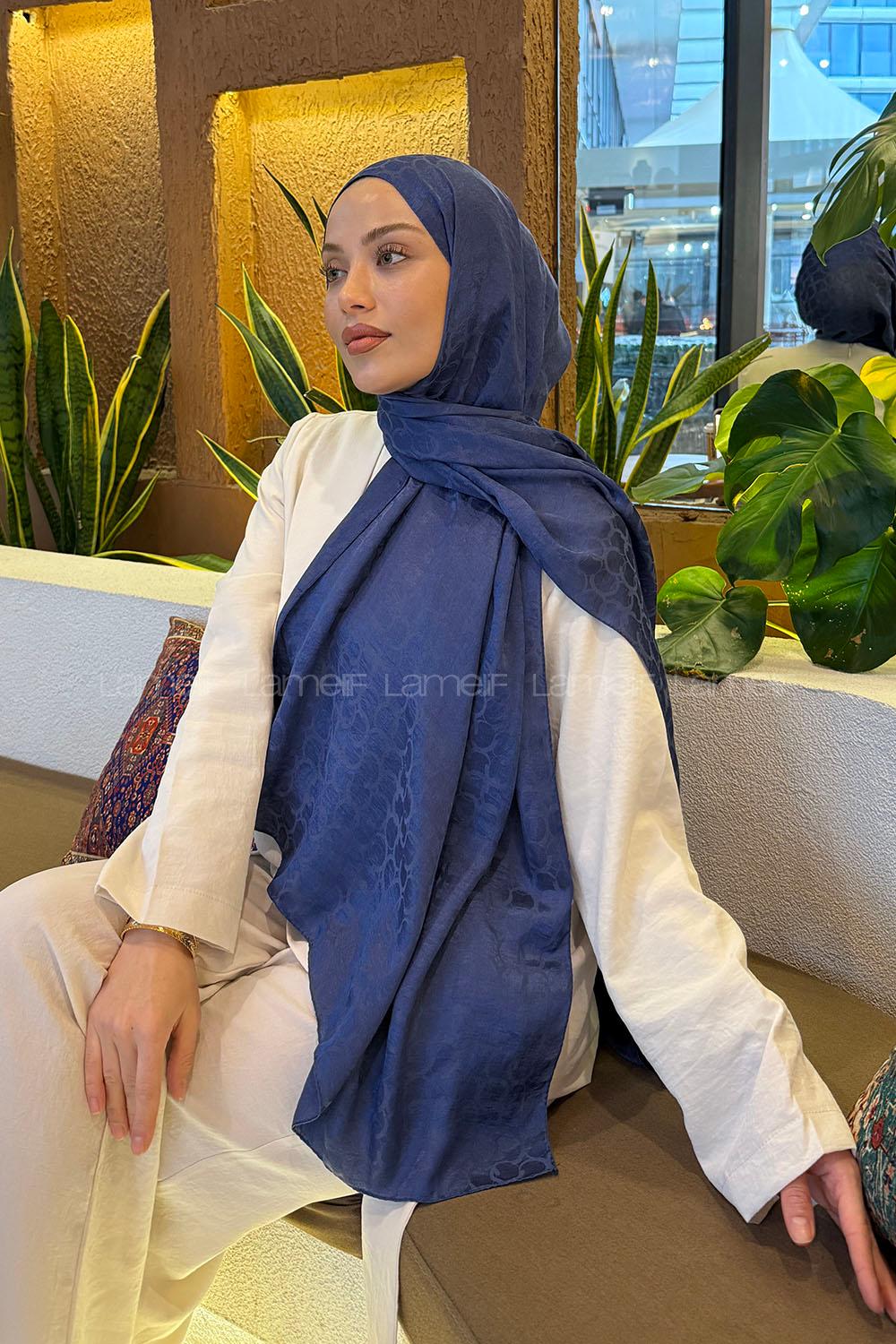 Lamelif  Bloom Desen Ayrobin Floş Jakar  Şal İndigo