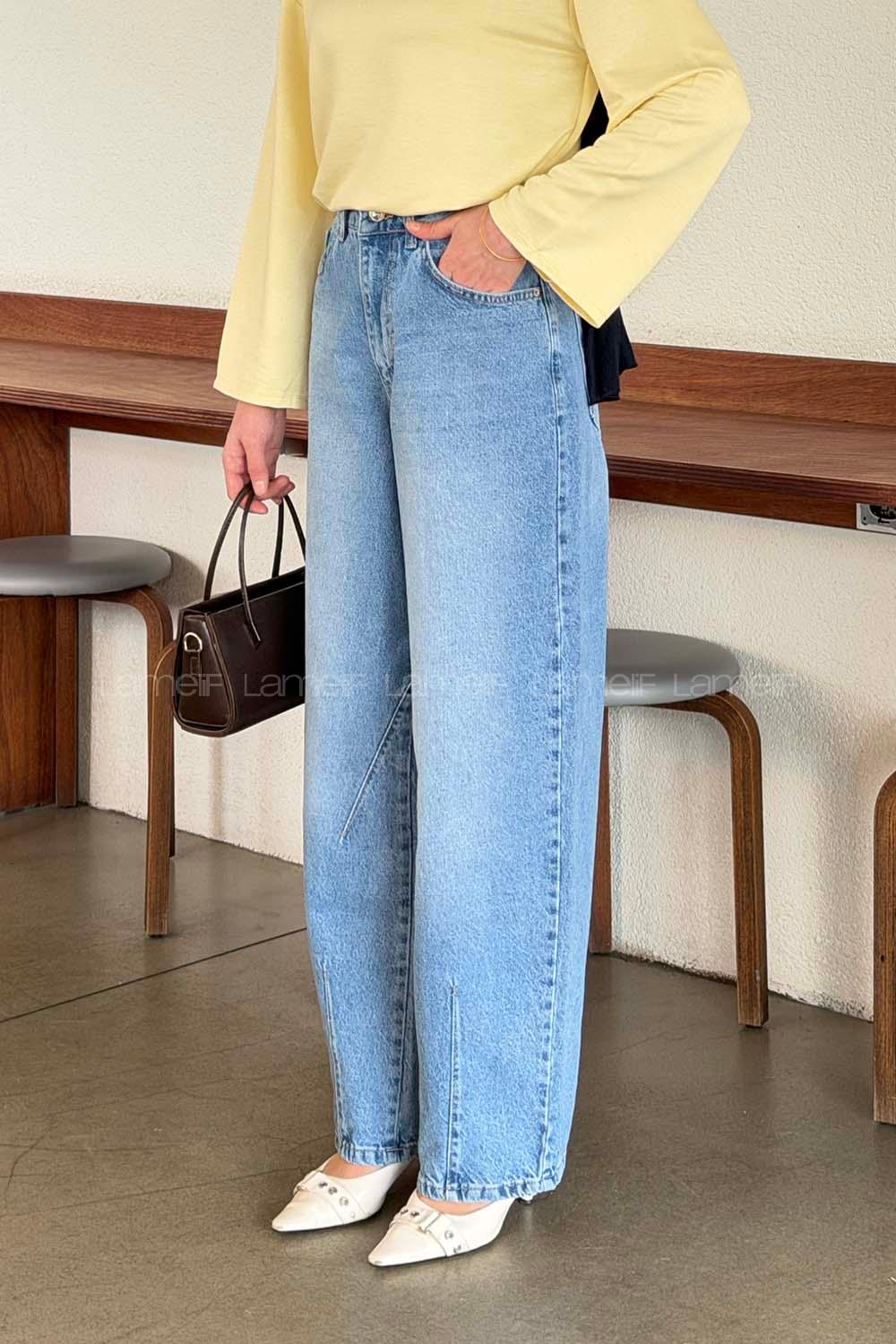 Lamelif Çift Pensli Boyfriend Pantolon Açık Mavi