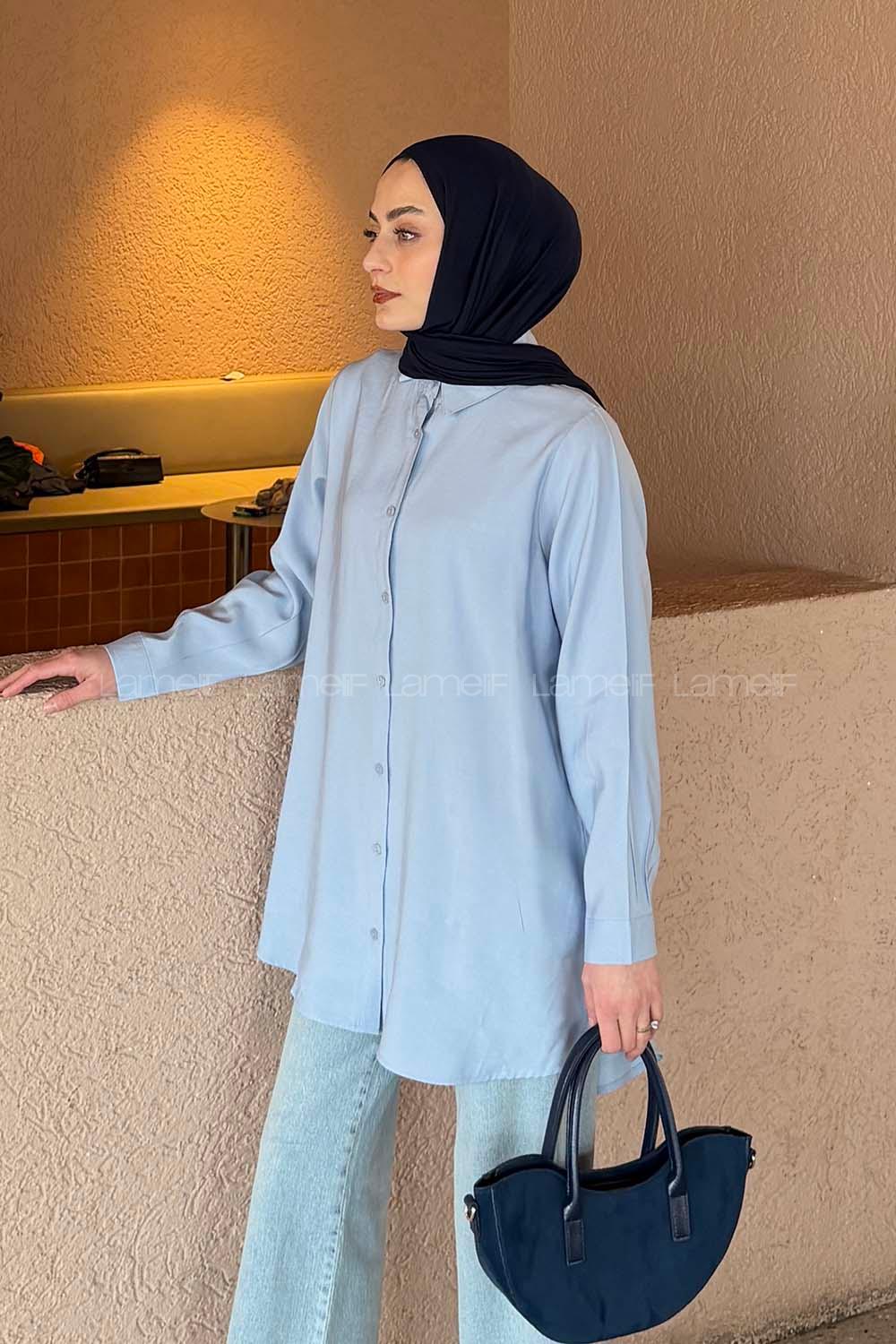 Baby Blue Shirt Collar Long Arm Poplin Fabric Shirt