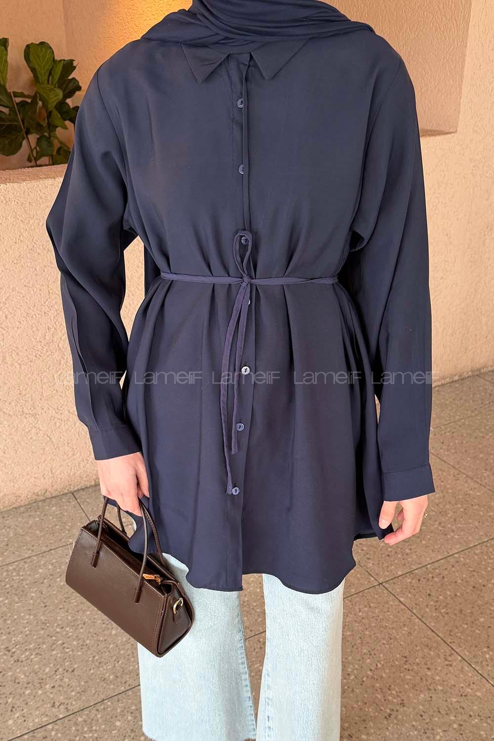 Navy Blue Shirt Collar Long Arm Poplin Fabric Shirt