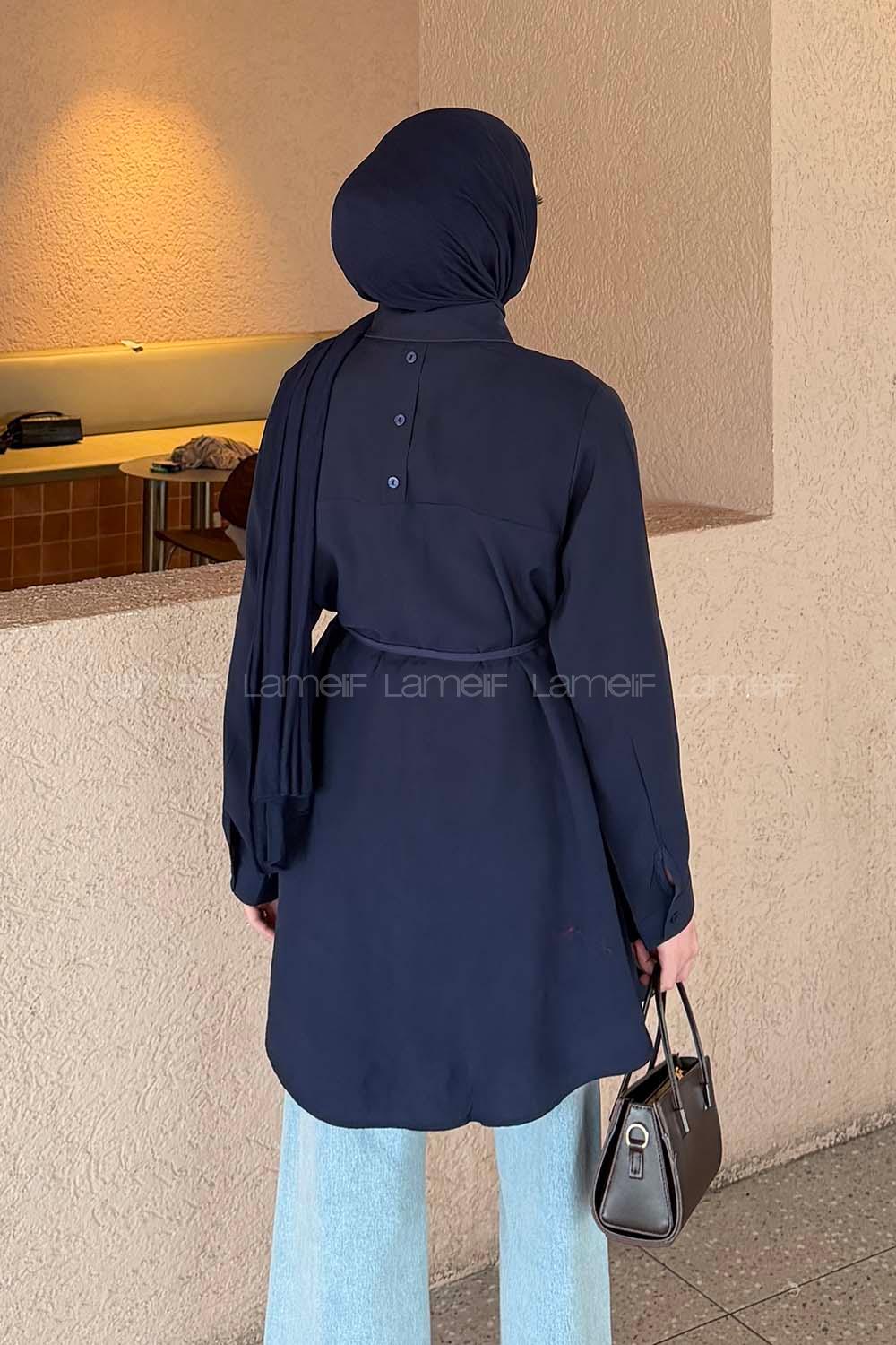 Navy Blue Shirt Collar Long Arm Poplin Fabric Shirt